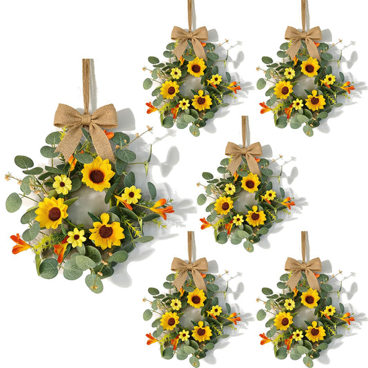 6 Pcs Summer Sunflower Mini Hanging Wreaths for Cabinets Artificial Small Candle Ring Wreaths with Daisy Flower and Eucalyptus Leaves for Home Kitchen Front Door Window Farmhouse Porch Wall Decor