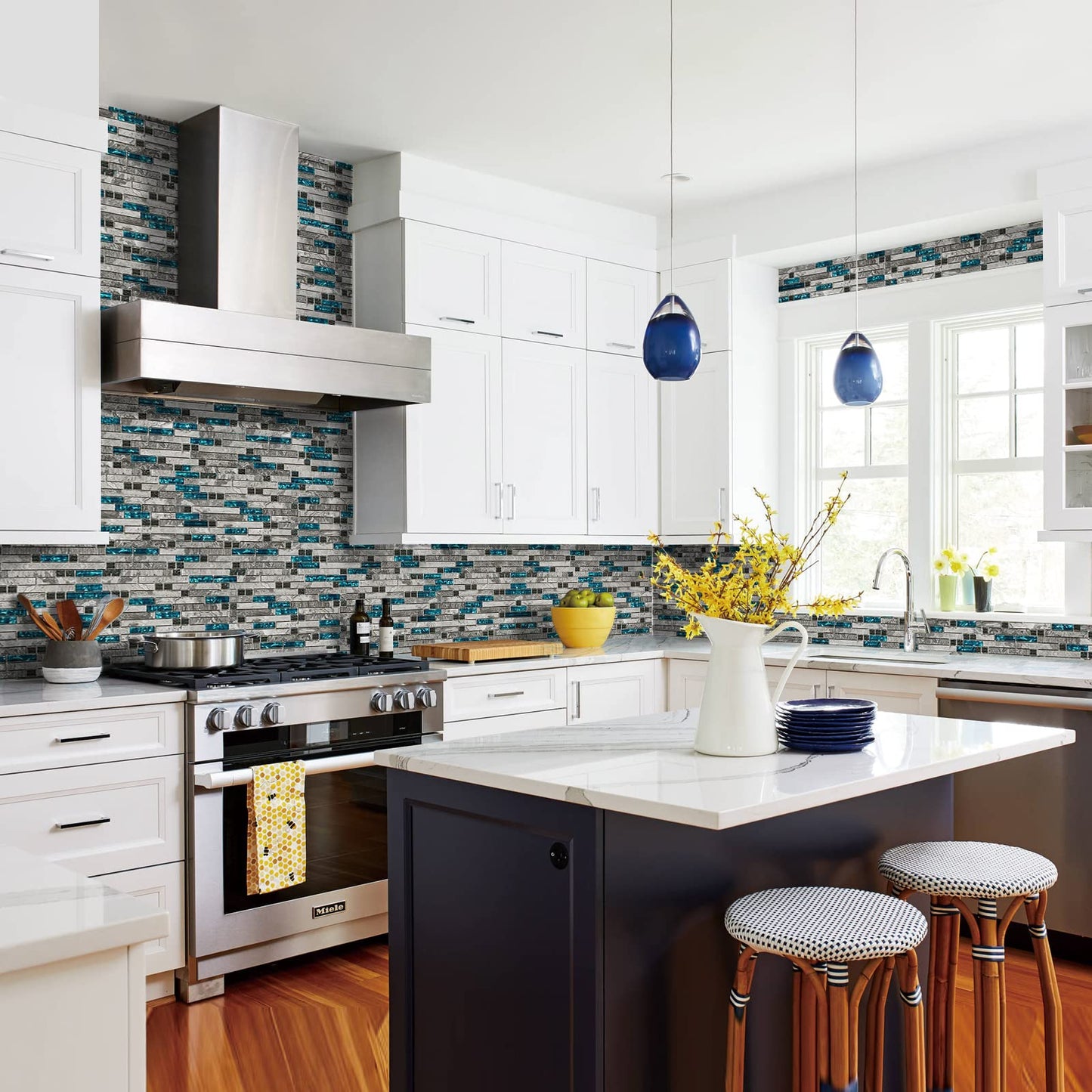 The Newly Upgraded 2026; a Four-piece Set Suitable for Kitchen backsplashes, Featuring Noble Natural Marble paired with Blue Glass Mosaic Tiles, Suitable for bathrooms, Kitchens, bedrooms, and More.