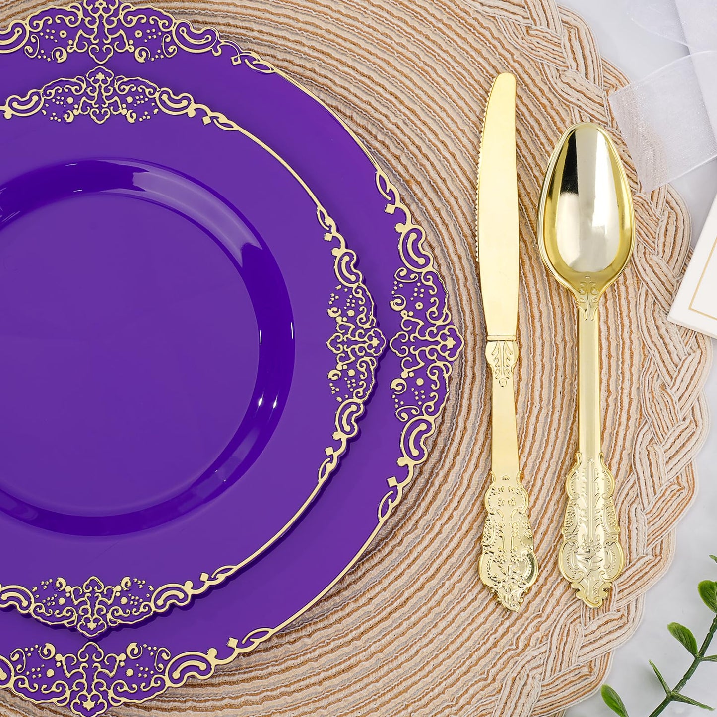 Realluck 350 PCS Purple and Gold Plastic Plates, Plastic Dinnerware Set for 50 Guests, 100 Disposable Plates, 150 Silverwares, 50 Cups, 50 Napkins for Party, Wedding, Graduation