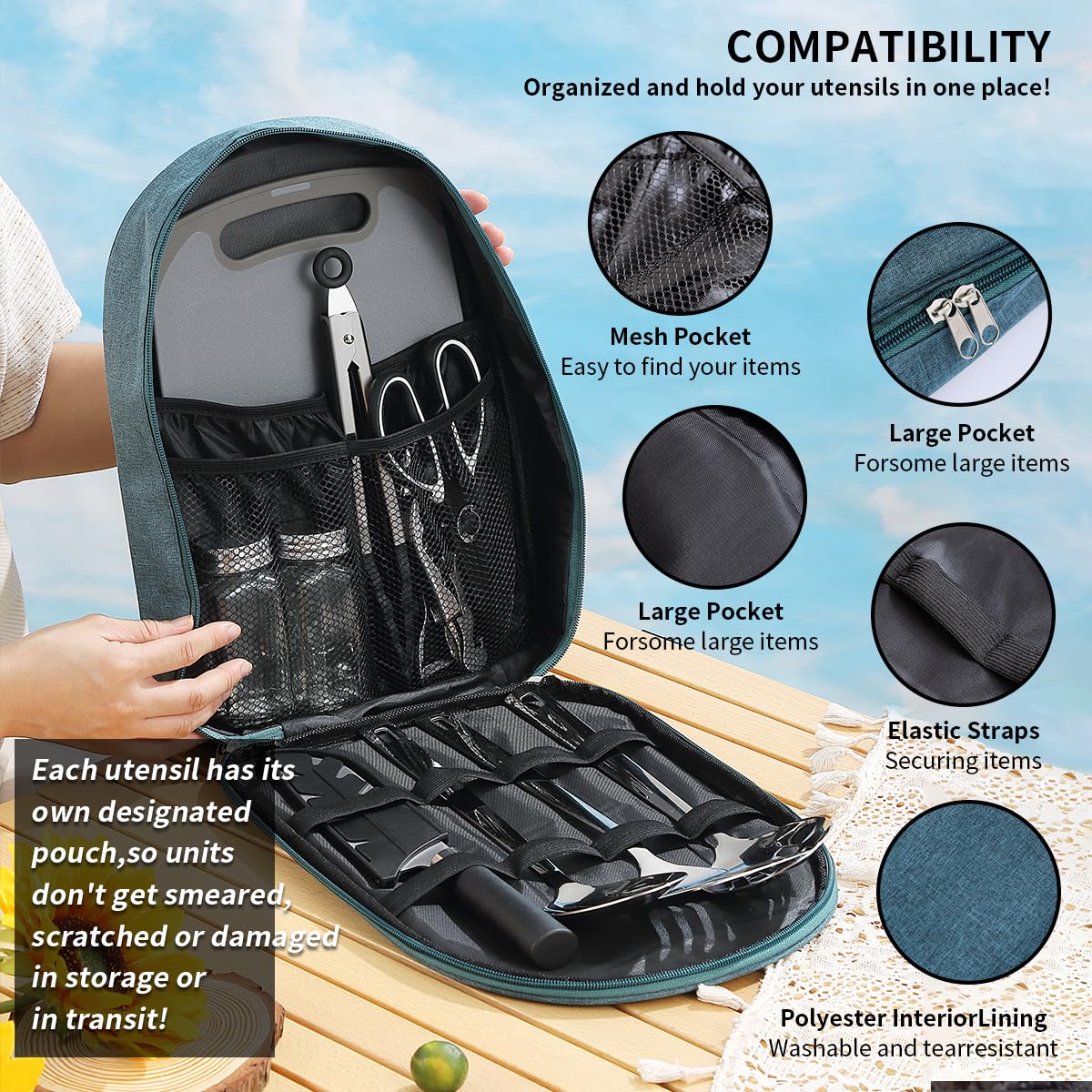 Evanda Camping Kitchen Cooking Utensil Set 10 Piece, Stainless Steel Outdoor Cooking and Grilling Utensil Organizer Travel Set Perfect for Travel, Camping, RVs, BBQs, Picnics, Parties and More