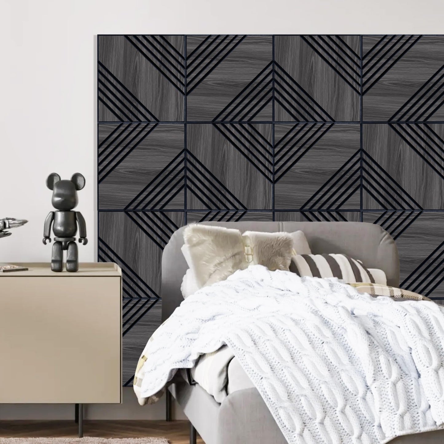 Mollywell Acoustic Panels, PVC Wood-Grain Decor, 12x12 Inch Carved Pattern Sound Absorbing Wall Tiles, Self-Adhesive for Home Office/Studio/Gaming Room Echo Reduction, 16 Pack Black Oak, Double Twill