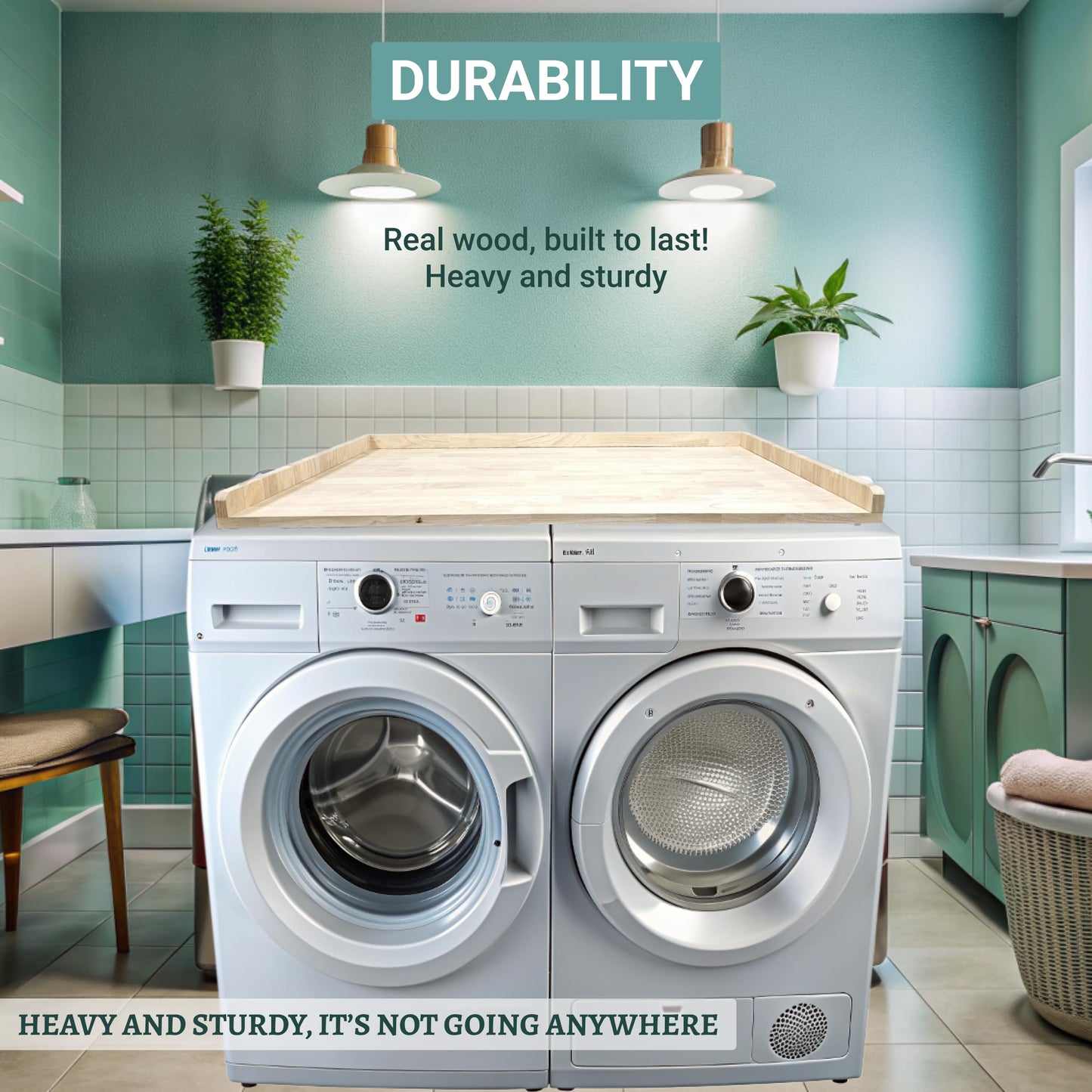 Skywin Washer Dryer Countertop 54 x 30 Inches, Single Real Solid Wood Butcher Block (Unfinished Plain Wood Surface) for One Unit Only (Washer or Dryer), Countertop Over Laundry Machine