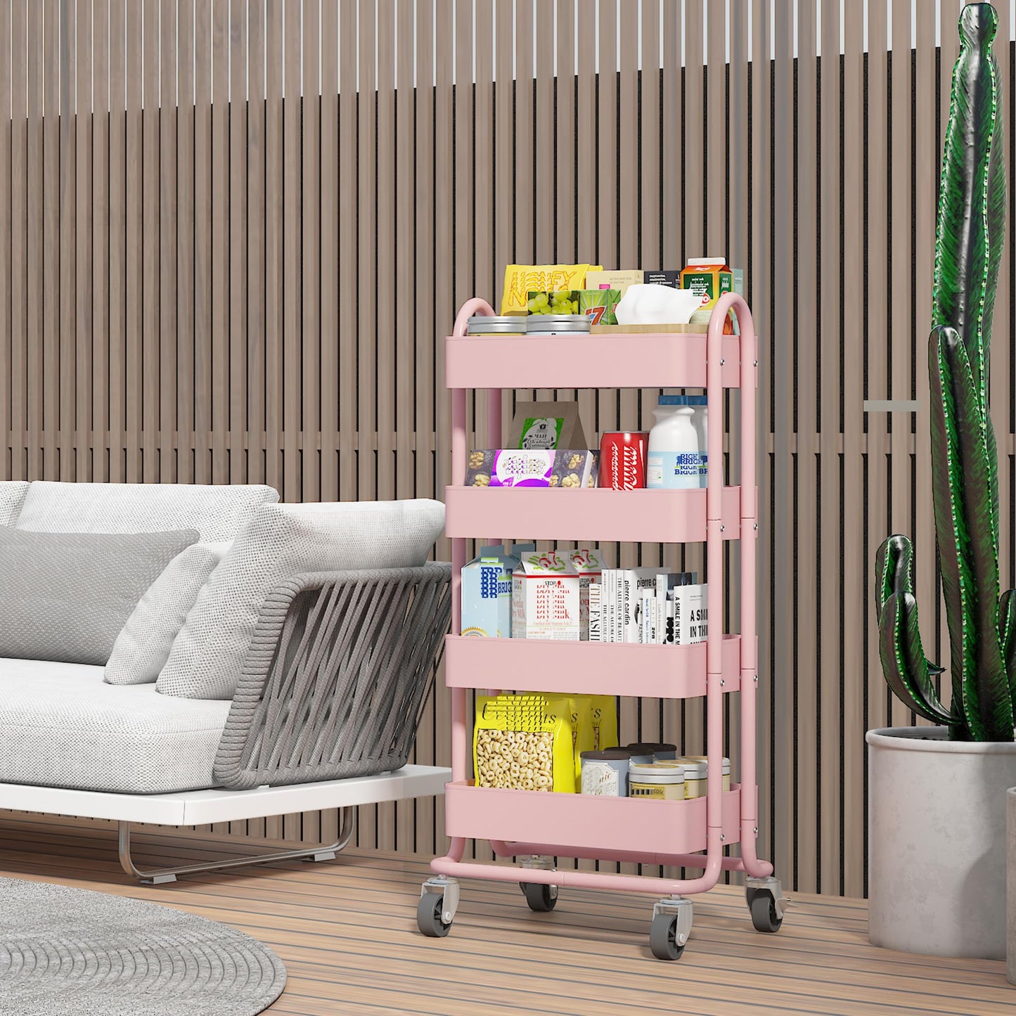 Elitehouse 4 Tier Metal Rolling Cart Pink Utility Cart with Wheels,Rolling Pink Cart for Office,Home,Kitchen,Garden（13.4"x18.1"x40"）