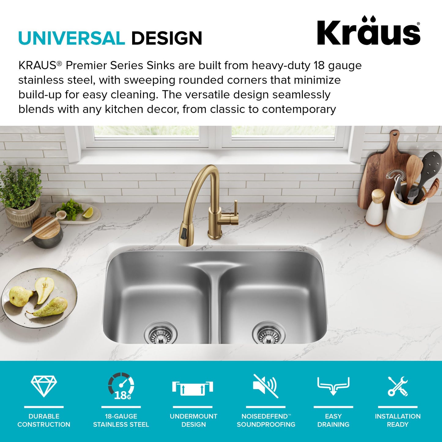 KRAUS Premier 32-inch Undermount 50/50 Double Bowl Low Divider 18-Gauge Stainless Steel Kitchen Sink with Strainers (x2), KBU32