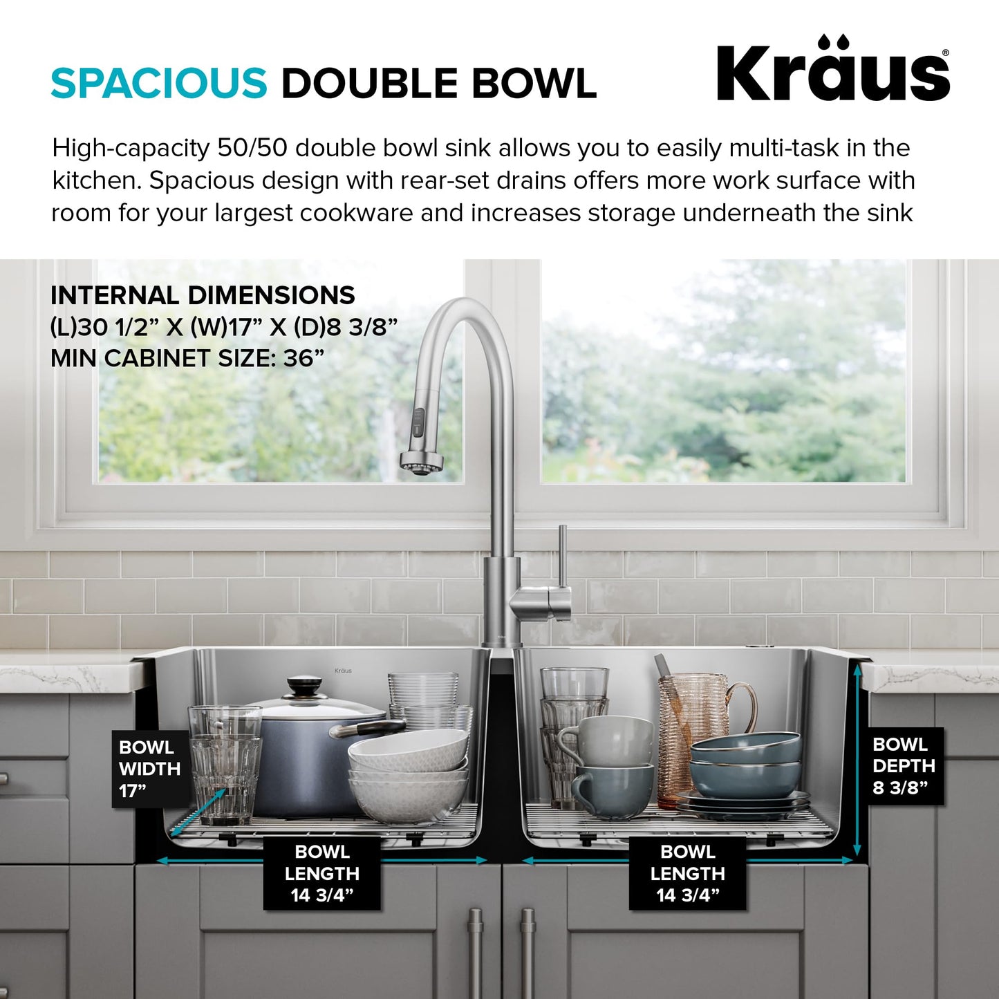 KRAUS Fairlane 33-inch Drop In/Top Mount Double Bowl 18-Gauge Stainless Steel Kitchen Sink, KHT632-33