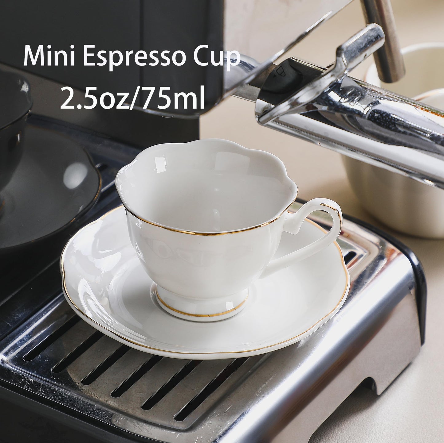 PRECITIME White Porcelain 75ml Demitasse Set of 8 (16-Piece) - 2.5oz Espresso Cups & Saucers, Elegant White & Gold Trim Coffee Set for Turkish Coffee, After Dinner, Gift Giving