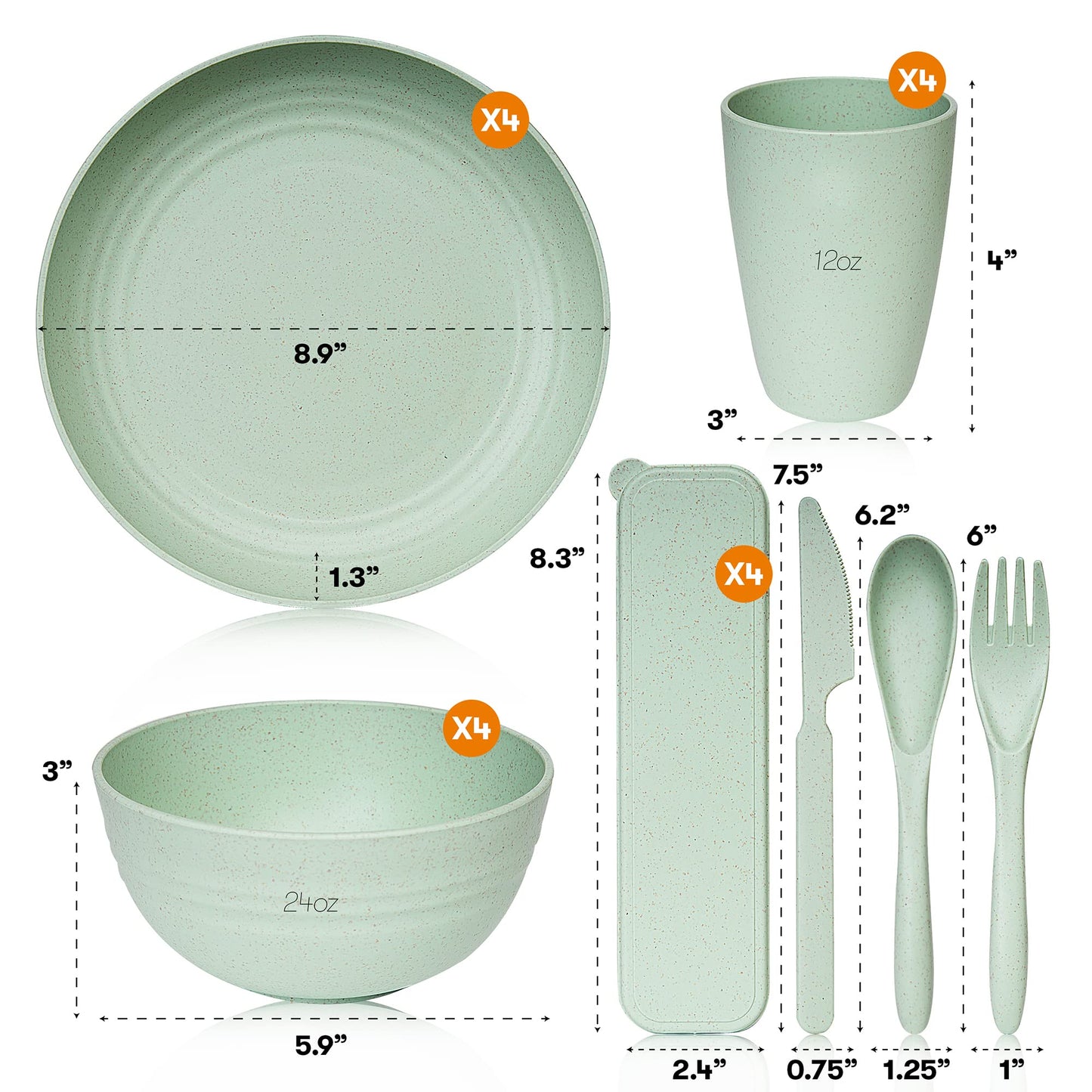 Wheat Straw Dinnerware Sets | Unbreakable Dinnerware Sets | Dishwasher Microwave Safe Dinnerware | Eco Friendly Non Breakable Dinnerware Sets | RV Outdoor Camping (Green, Service for 4 (28 pcs))