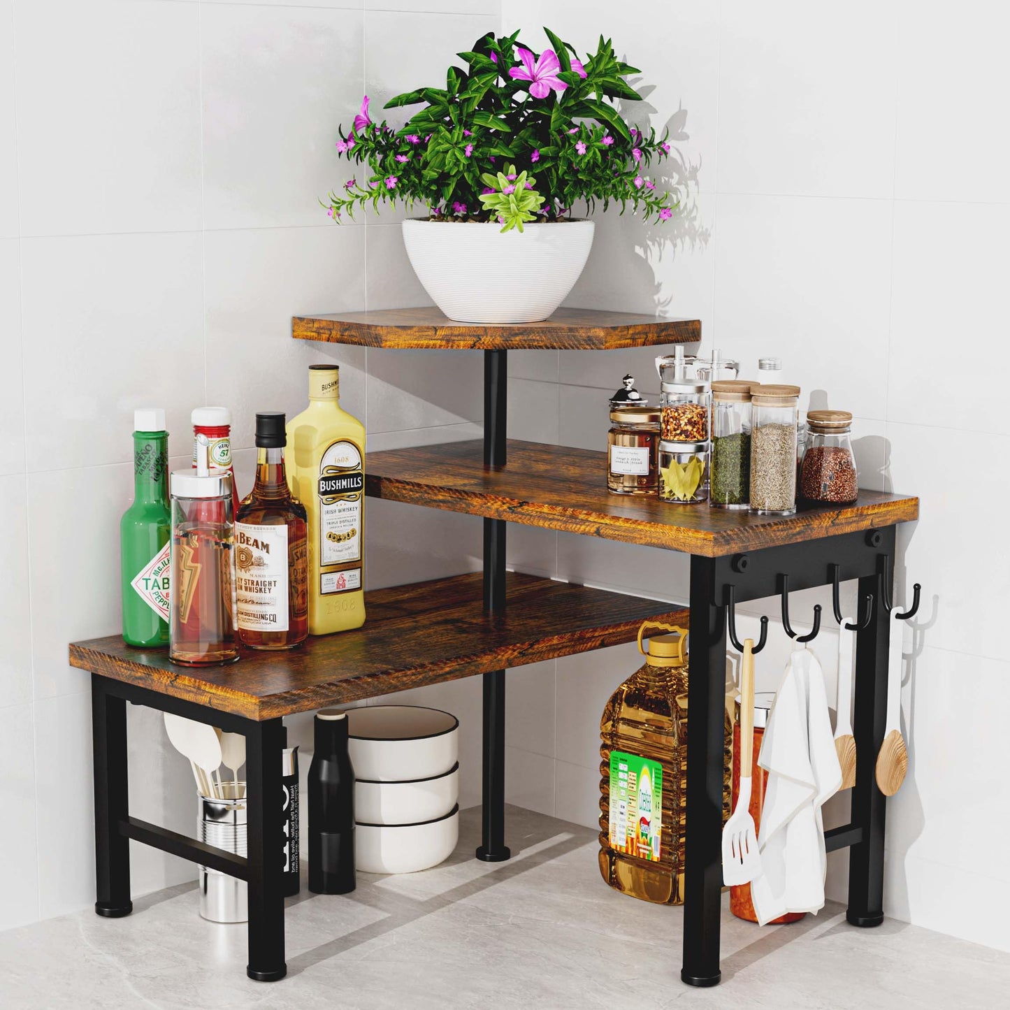 Uniqcovosa Kitchen Countertop Organizer, 3 Tier Moveable Corner Shelf Kitchen Shelf with Hook, Countertop Organizer for Bathroom, Spice Rack, Bookshelf, Coffee Area, Dresser Table (Brown)