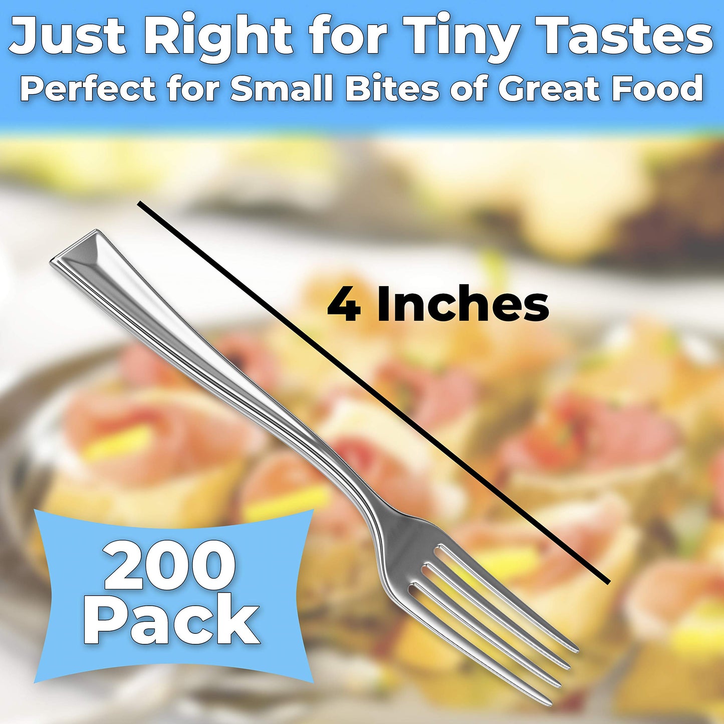 Super Elegant, BPA Free 200ct Plastic Tasting Forks. Mini Cocktail or Sampling Fork Set for Appetizers, Shrimp and Seafood. Durable, Recyclable 4 Tine Utensil with Stainless Steel Look