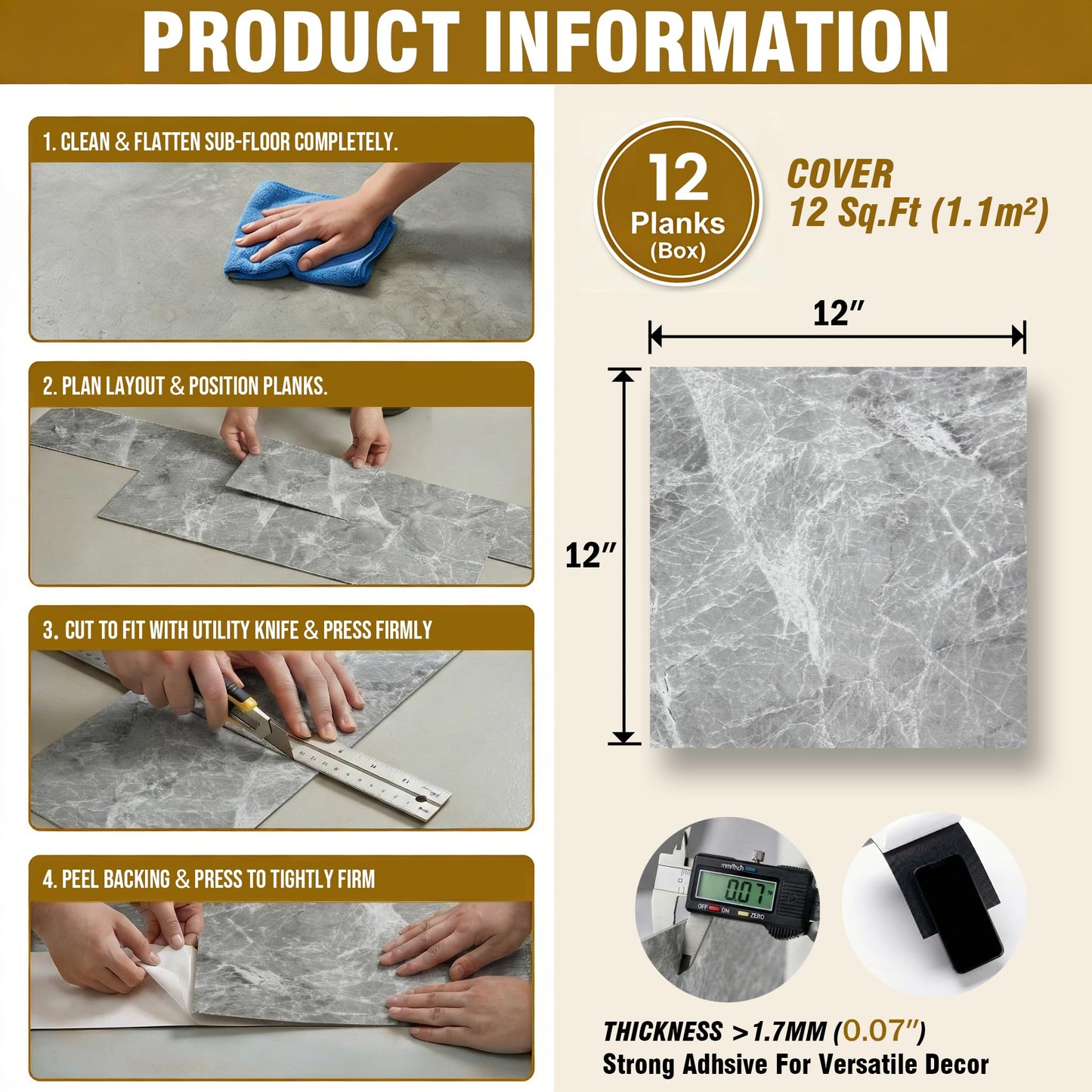 VIVIDCOZYTILE 12 Sq.Ft Peel and Stick Floor Tile, Athens Grey Matte Marble Vinyl Flooring for Bathroom, Kitchen and RV. Waterproof Rigid Core Backsplash, Rental Friendly 12 Sheets (12"x12")