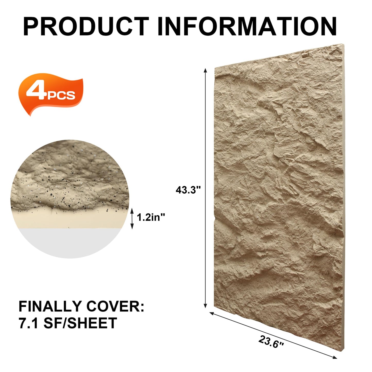 KASARO 3D Faux Stone Wall Panels, 4 PCS PU Wainscoting Panel for Interior Wall Decor, Cement Texture Thicker Accent for Home, Office, 43.3 × 23.6 inch, Golden Hemp