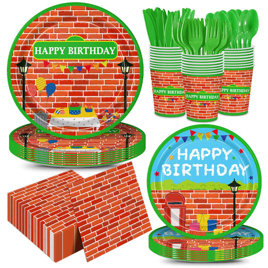 168pcs Red Brick Wall Street Birthday Party Supplies Plates Napkins Paper Cups Disposable Tableware Set Modern Cartoon Street Party Decorations for Kids Boys Birthday Decor Serves 24