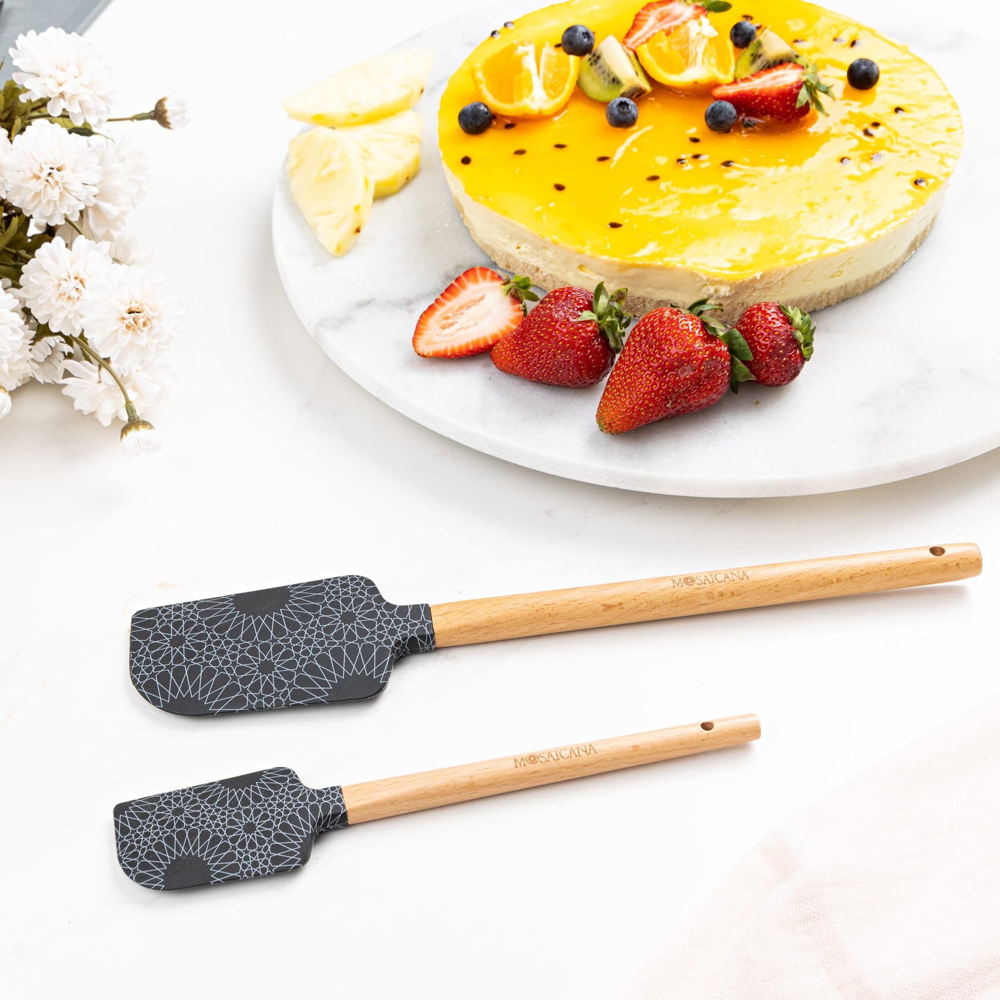 Silicone Spatula set of 2 with wooden handle and stunning pattern (Red)