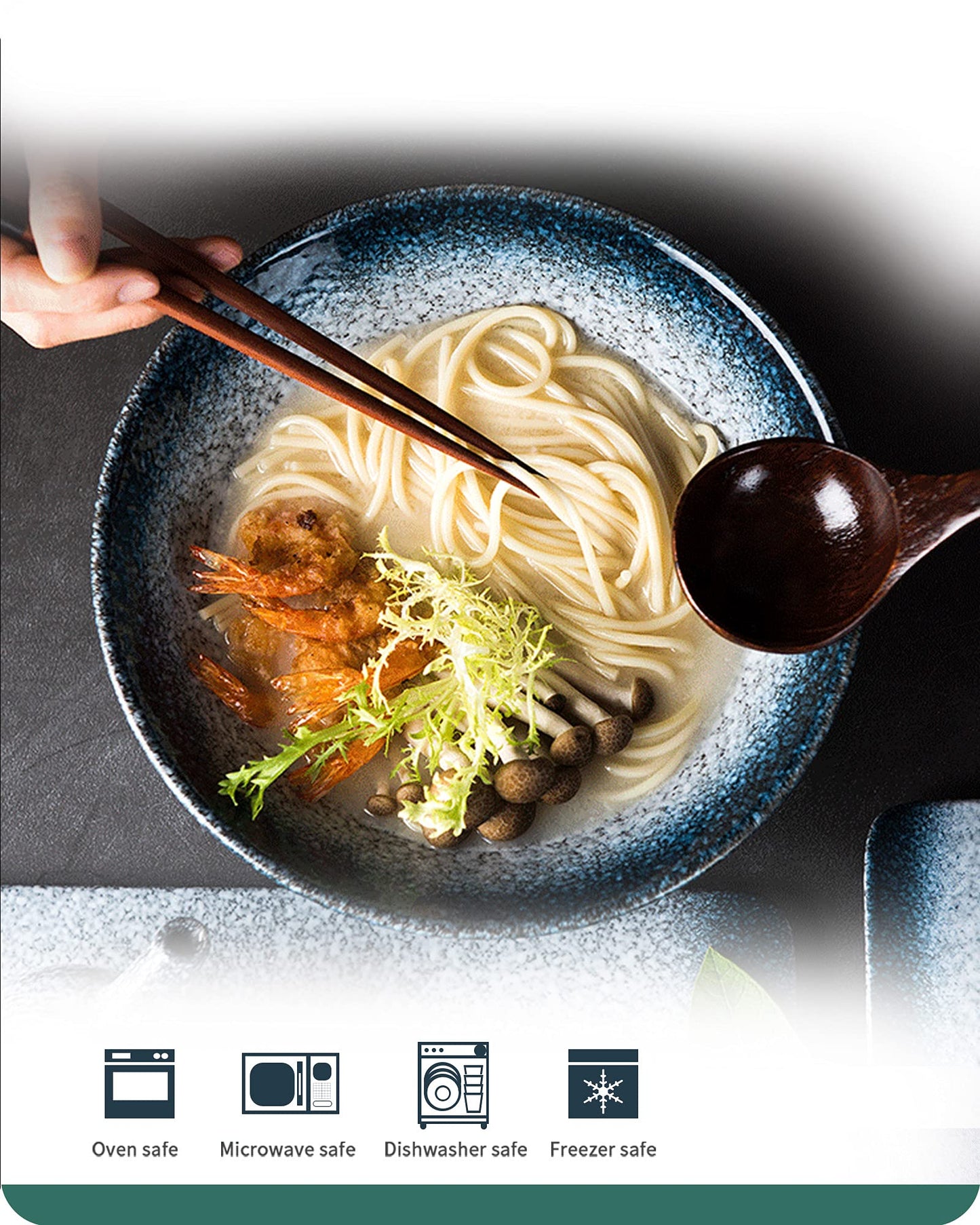 Lareina Ceramic Japanese Ramen Bowls, 2 Sets (6 Piece) 60 Ounce, Large Noodle Soup Bowl with Matching Chopsticks and Spoons for Asian Pho Udon Soba, Blue