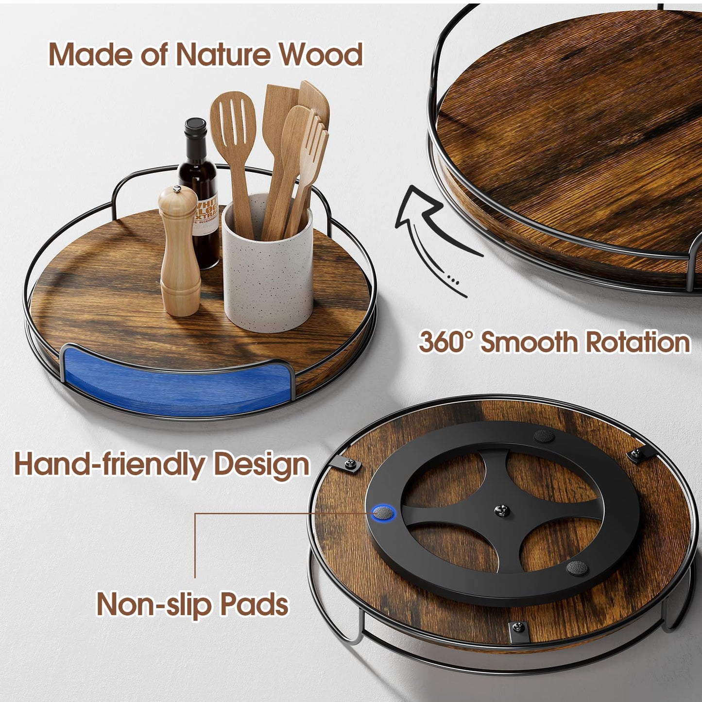 LAMU 2 Pack 9'' 10'' Lazy Susan Turntable Organizer for Table Top Cabinet, Wooden Lazy Susan for Kitchen, Pantry, Countertop, Bathroom Vanity, Spice Organization, Wood Decor