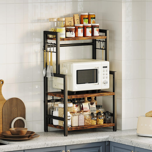 Kitchen Countertop Organizer,3 Tier Large Spice Rack Organizer with Adjustable Shelf and 5 Hooks,Wooden Counter Organizer,Space Saving Countertop Shelf Microwave Stand for Kitchen,Bathroom,Coffee Bar