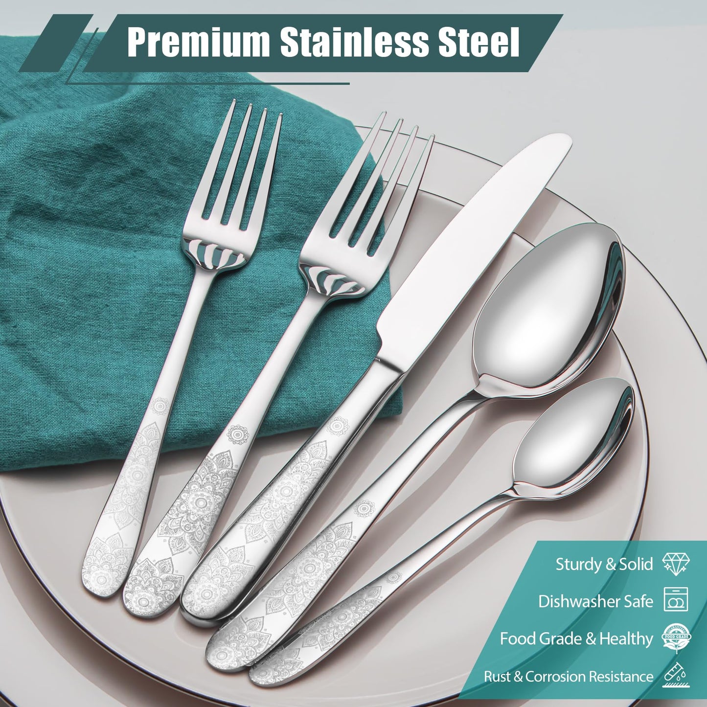 40 Piece Flatware Set, Service for 8, EIUBUIE Premium Stainless Steel Cutlery Set, Mirror Polished Silverware Sets with Pattern Handle, Modern Kitchen Eating Utensils Sets