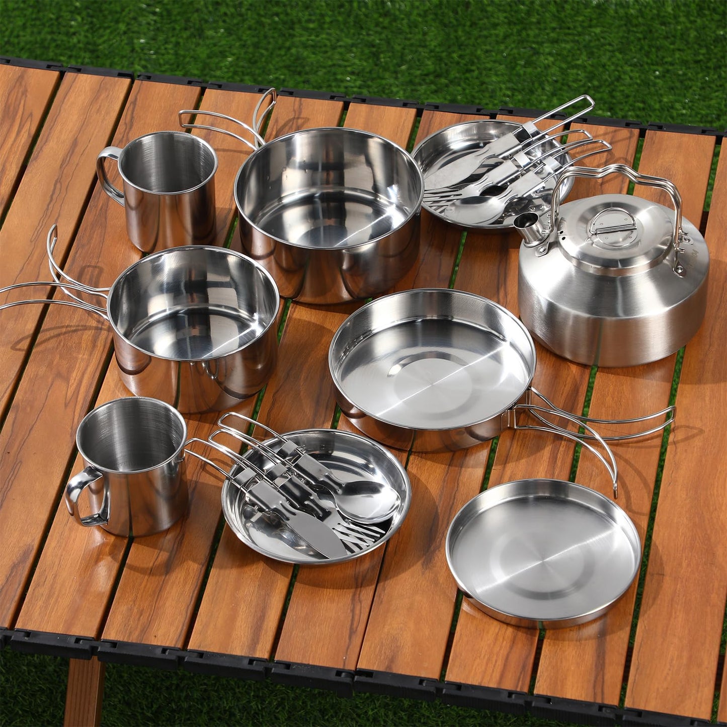Funnymoom 15 Pcs Camping Cookware Mess Kit Outdoor Cooking Set Stainless Steel with Pot and Pan Kit 2 Set Stainless Steel Cups Plates Forks Knives Spoons for Camping Backpacking Cooking Picnic