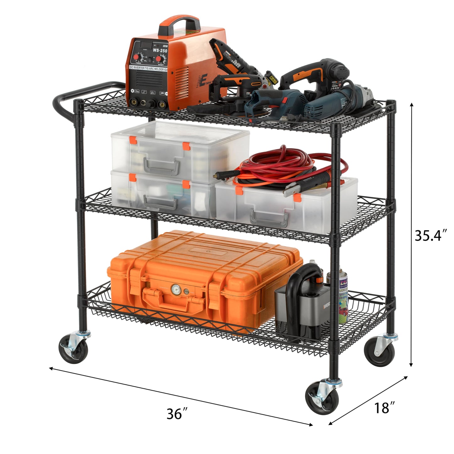 Finnhomy 3 Tier Heavy Duty Commercial Grade Utility Cart, Wire Rolling Cart with Handle Bar, Steel Service Cart with Wheels, Kitchen Carts on Wheels, Metal Cart Shelf Size 18" D x 36" W, NSF, Black