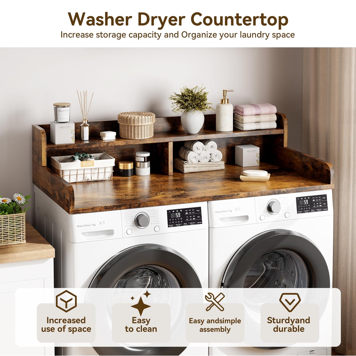 IDEALHOUSE 2-Tier Washer and Dryer Countertop with Shelf or Drawers, Laundry Countertop Cover with Non-Slip Pad, 54"X27.5" Laundry Topper for Folding Clothes Over Washer and Dryer-White