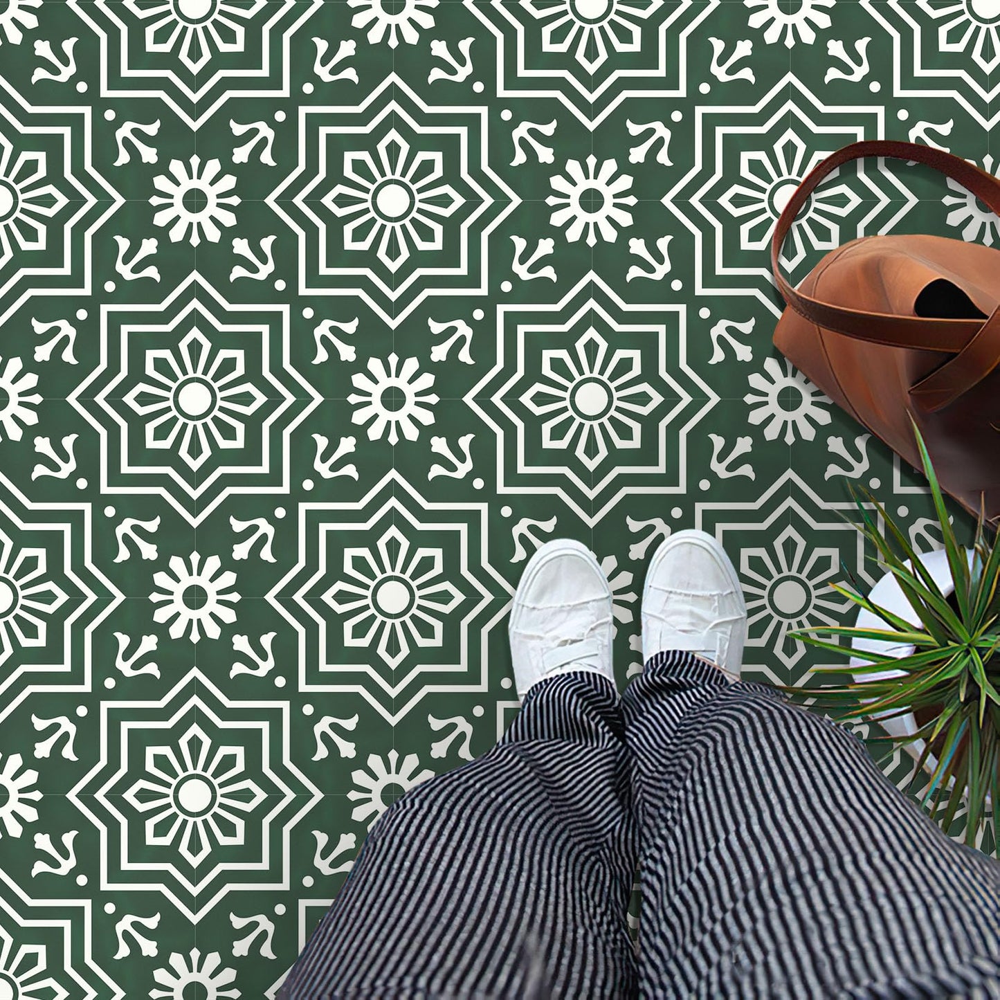 MORCART 20 Pack Peel and Stick Floor Tile, 7.87"x 7.87" Vinyl Flooring, Removable DIY Flooring for Bathroom, Kitchen, Fireplace, Stairs, Bedrooms, Wall, Pantry Room Waterproof Dark Green