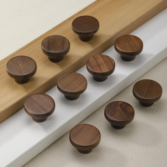 AENZOOY 10 Pack 1.53 Inch (39 mm) Round Walnut Wood Single Hole Drawer Handles, Cabinet Knobs 1 Hole Hardware Handles Decorative Furniture Knobs for Dresser Wardrobes