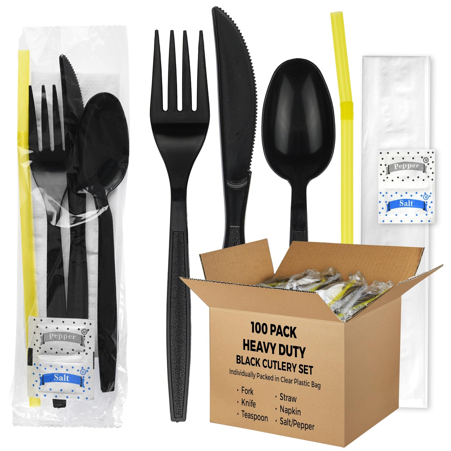 100 pack | Individually wrapped Cutlery set | BlackHeavy Duty Cutlery | Utensil set with Fork, spoon, knife, Napkin, Straw and Salt/Pepper packets (6 in 1) | Plastic Disposable Flatware Cutlery Kits