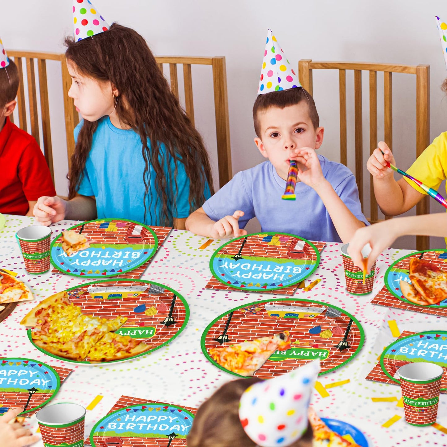 168pcs Red Brick Wall Street Birthday Party Supplies Plates Napkins Paper Cups Disposable Tableware Set Modern Cartoon Street Party Decorations for Kids Boys Birthday Decor Serves 24