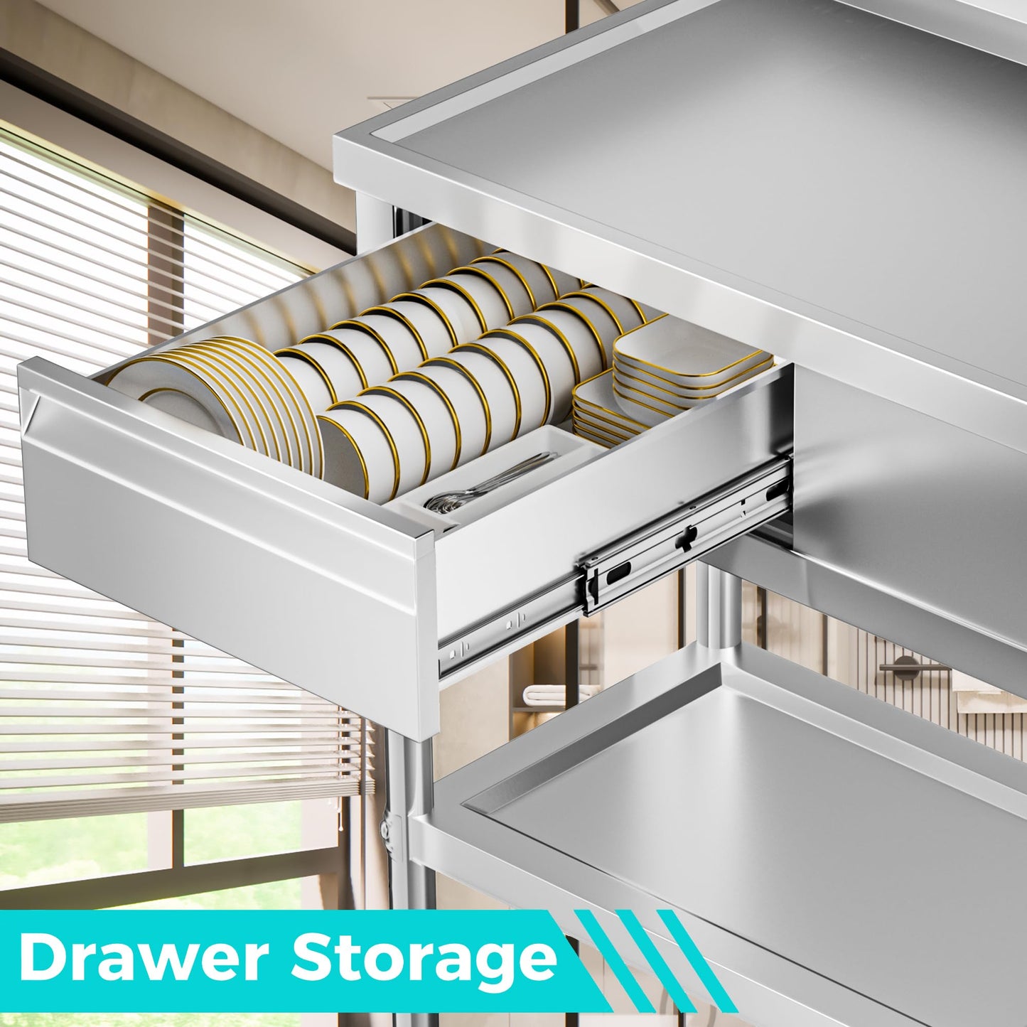 304 Stainless Steel Sink, Free-Standing Commercial Sink with Workbench, Drawer Storage & Hot/Cold Water Pipes for Laundry, Farmhouse & Outdoor Use