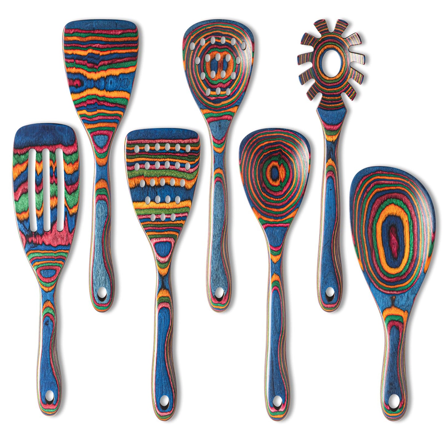 Gudamaye Pakka wood 7-Piece Blue Wooden Cooking Utensils, Wooden Spoons for Cooking, Wooden Spoon Set, Wooden Kitchen Utensil set, Pakkawood Cooking Spoons, Non-Stick Spoon,Pakkawood kitchen utensils