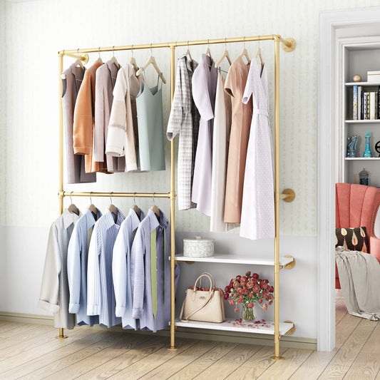 IronJiaZu Gold Pipe Clothes Racks with White Shelves, Industrial Pipe Gold Clothing Rack with Double Hanging Rods, Heavy Duty Wall Mounted Clothing Rack Rod for Closet Storage, Bedroom