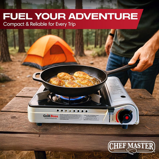 Grill Boss Dual Fuel Camp Stove - 12,000 BTU Butane & Propane Portable Stoves for Camping, Emergencies, BBQ, Hiking & Backpacking - Double Wind Guard, Instant Piezo Ignition System - 90057