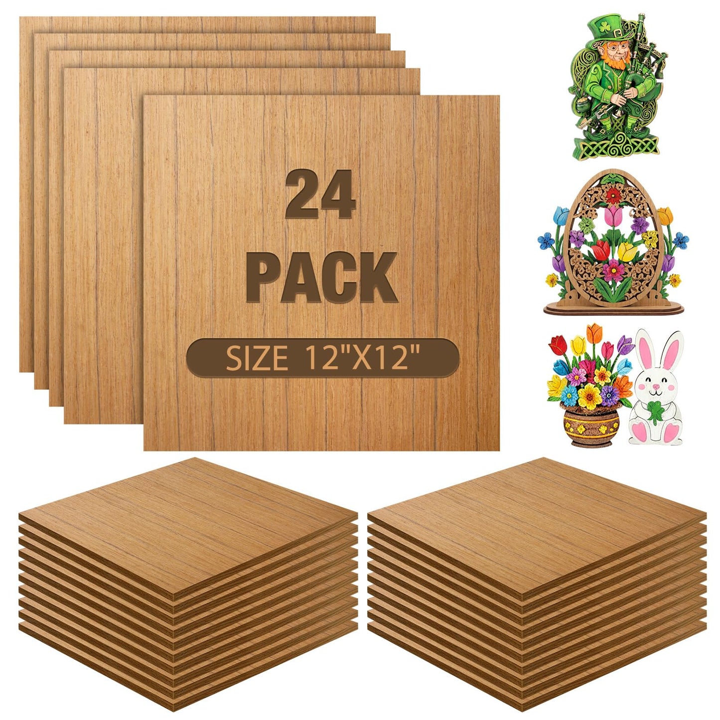 Maasechs 24 Pcs Teak Wood Color Wood Sheets Plywood Board for Laser Engraving Cutting 3 mm Thick Unfinished Boards for DIY Project Crafting Cutting Architectural Model (12 x 12 Inch)