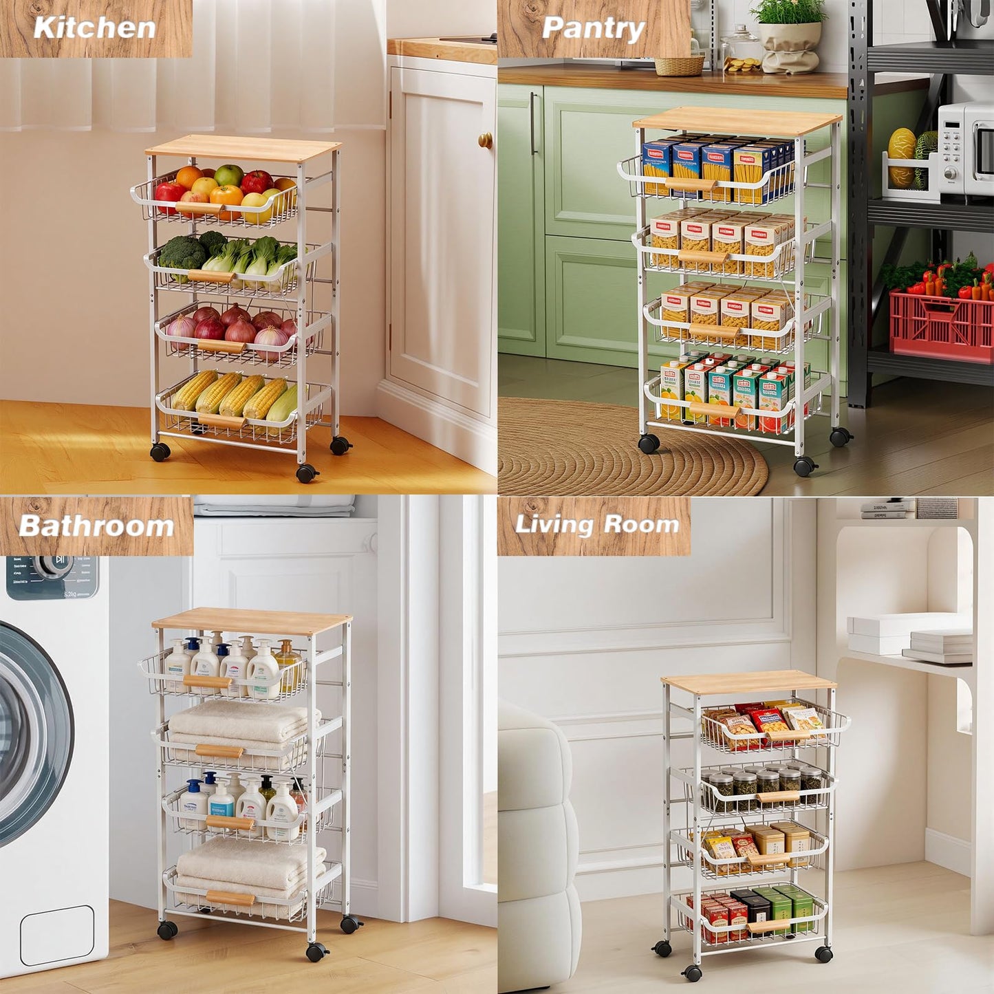 ULIKEUS 5-Tier Rolling Pantry Floor Storage Cart with Wheels&Wood Top, Large Capacity Kitchen Organization Fruit Wire Basket Stand for Pantry, Bathroom, Living Room,White