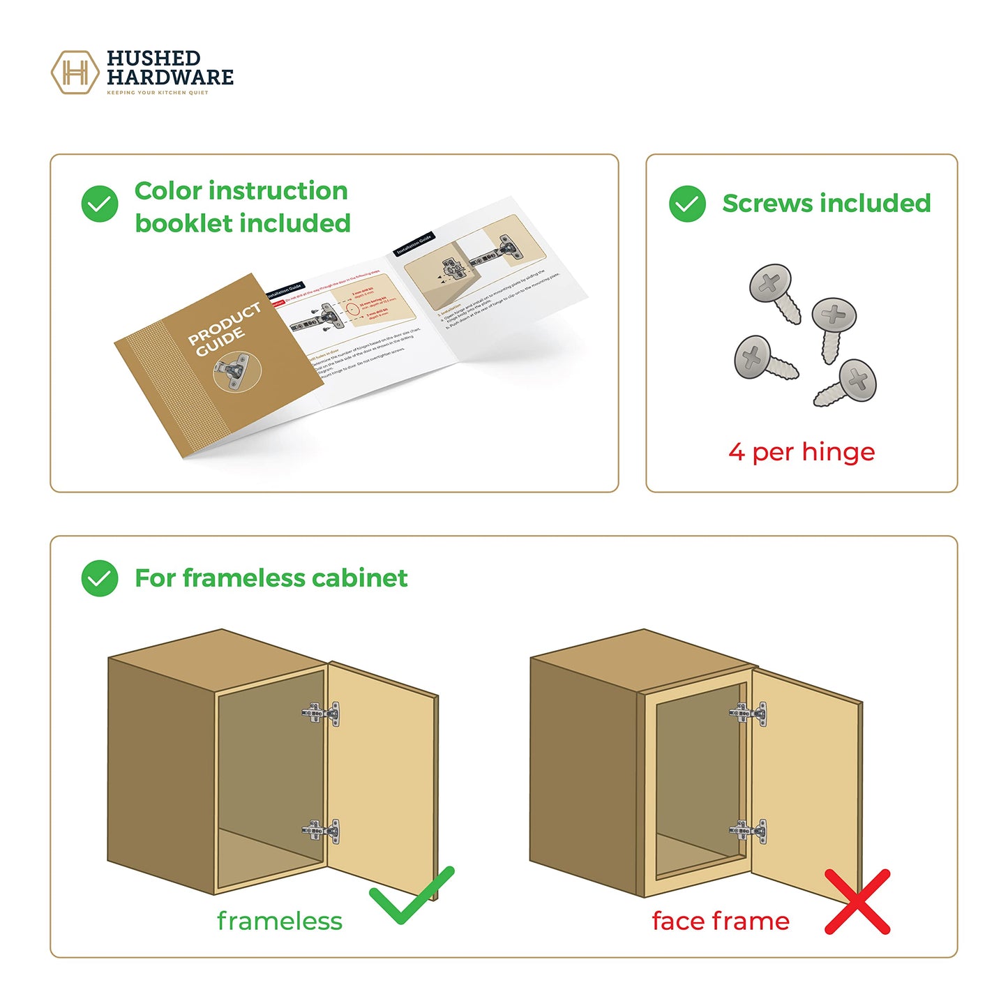 Hushed Hardware Soft Close Cabinet Hinge Set. 20 Frameless Full Overlay Cabinet Hinges for Kitchen Cabinets with Adjustable Closing Speeds.