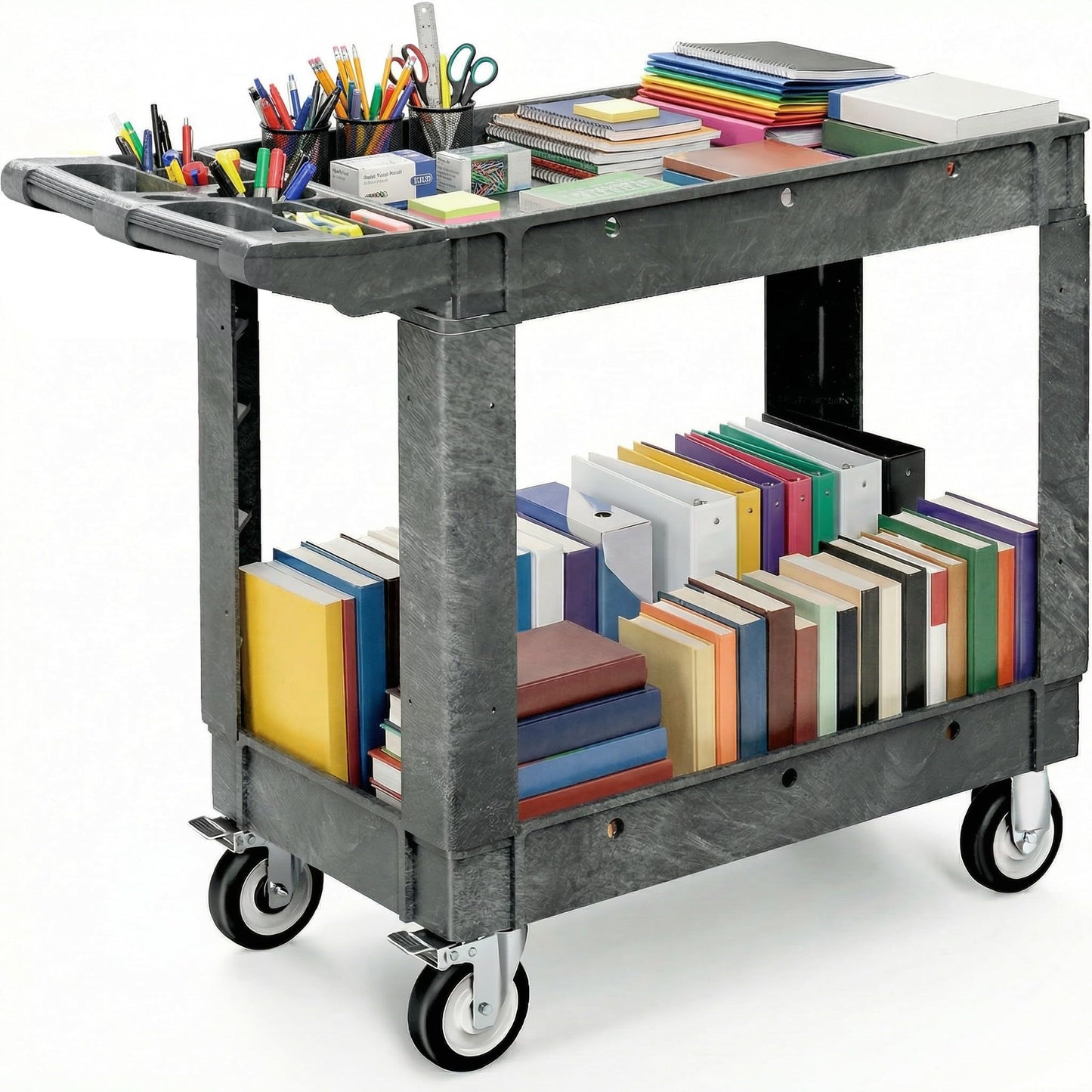 DWVO 2 Tier Utility Cart on Wheels, 550 lbs 2 Shelf Heavy Duty Plastic Rolling Carts, 40 x 17 in Plastic Tool Cart Work Cart with Locking Swivel Wheels & Handle for Warehouse Garage School & Office