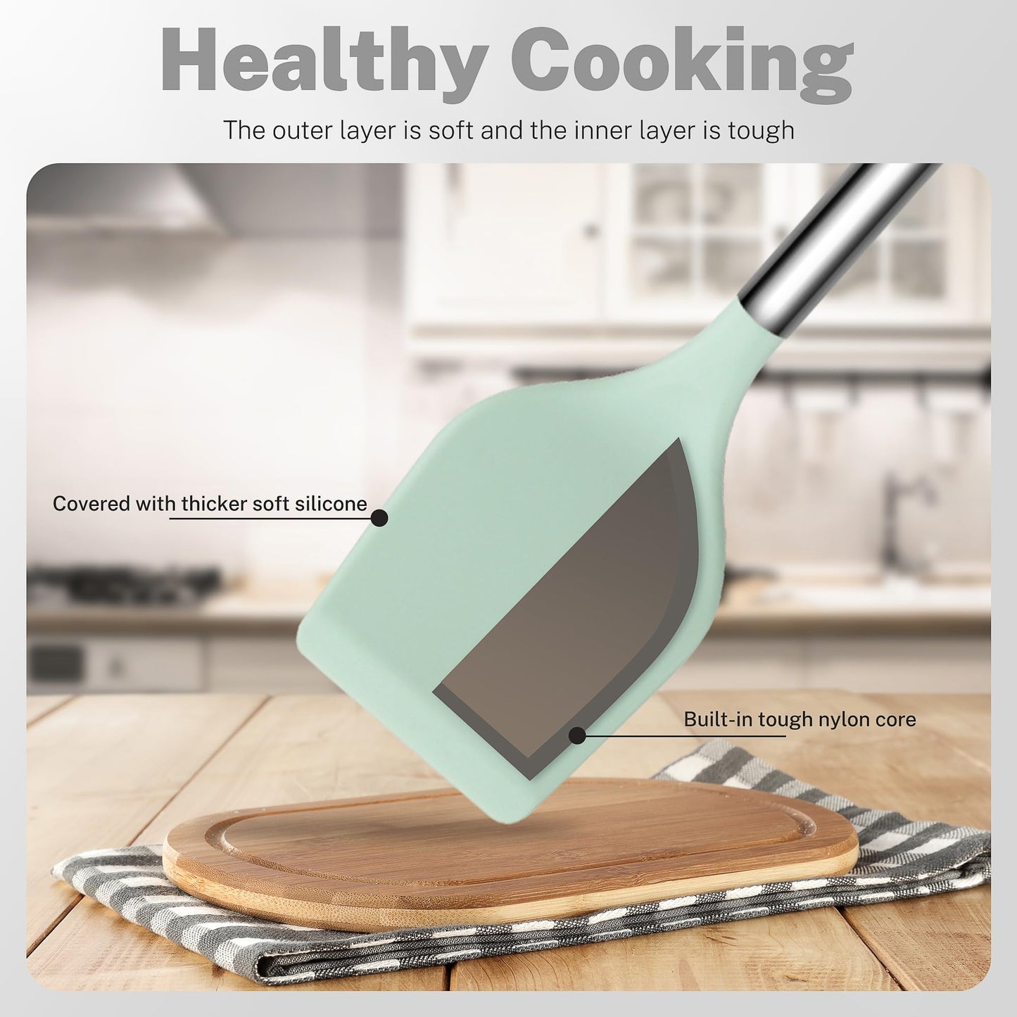 QMVESS Silicone Cooking Utensils Set, 28 Pcs Non-Stick Kitchen Utensils Set with Holder, 446°F Heat Resistant Spatula, Tongs, Spoons Set with Stainless Steel Handle Kitchen Gadgets (Light Green)