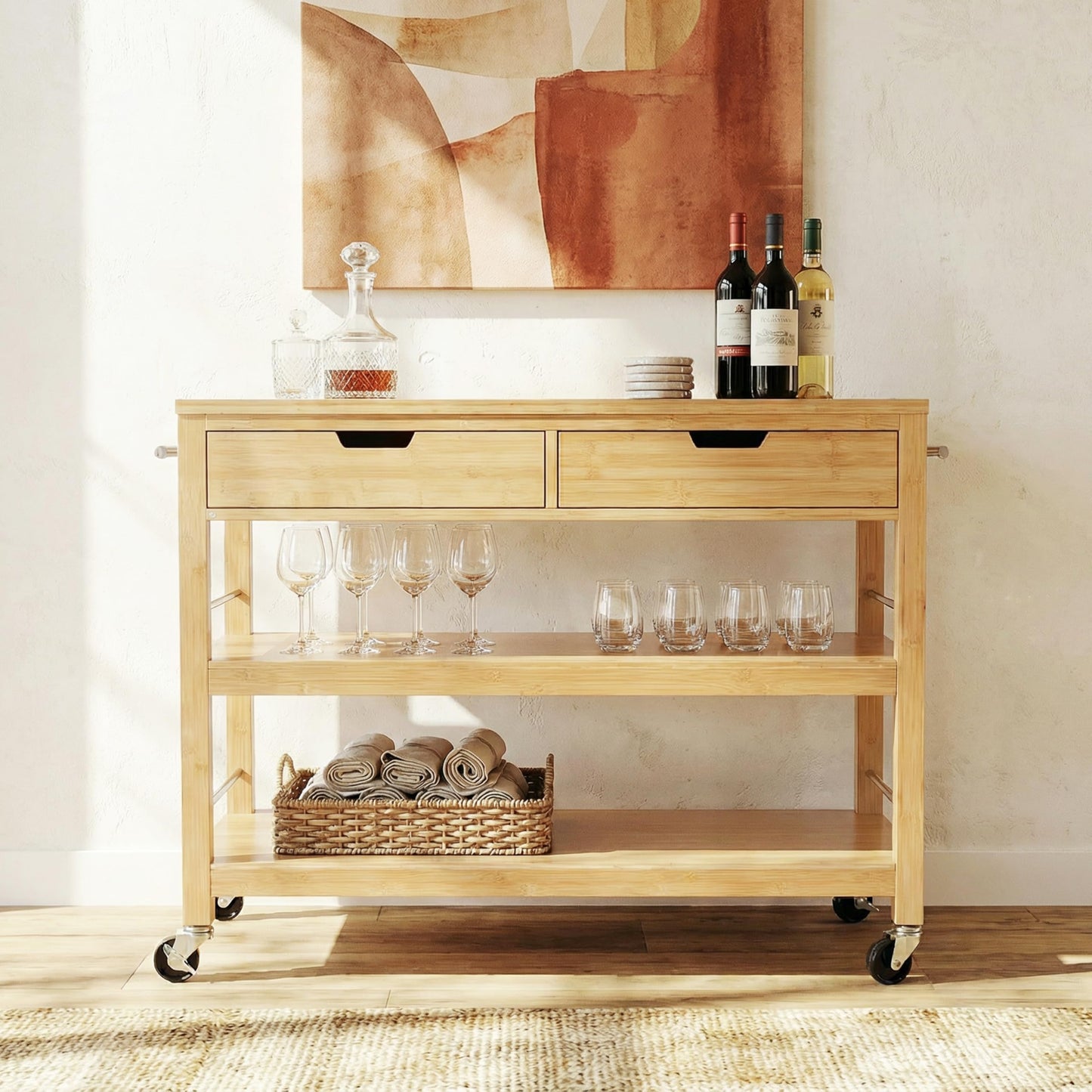 Merax Indoor Multifunctional Natural Bamboo Bar Cart with Locking Wheels, Drawers, and Open Shelves - Ideal for Kitchen, Dining, and Entertaining