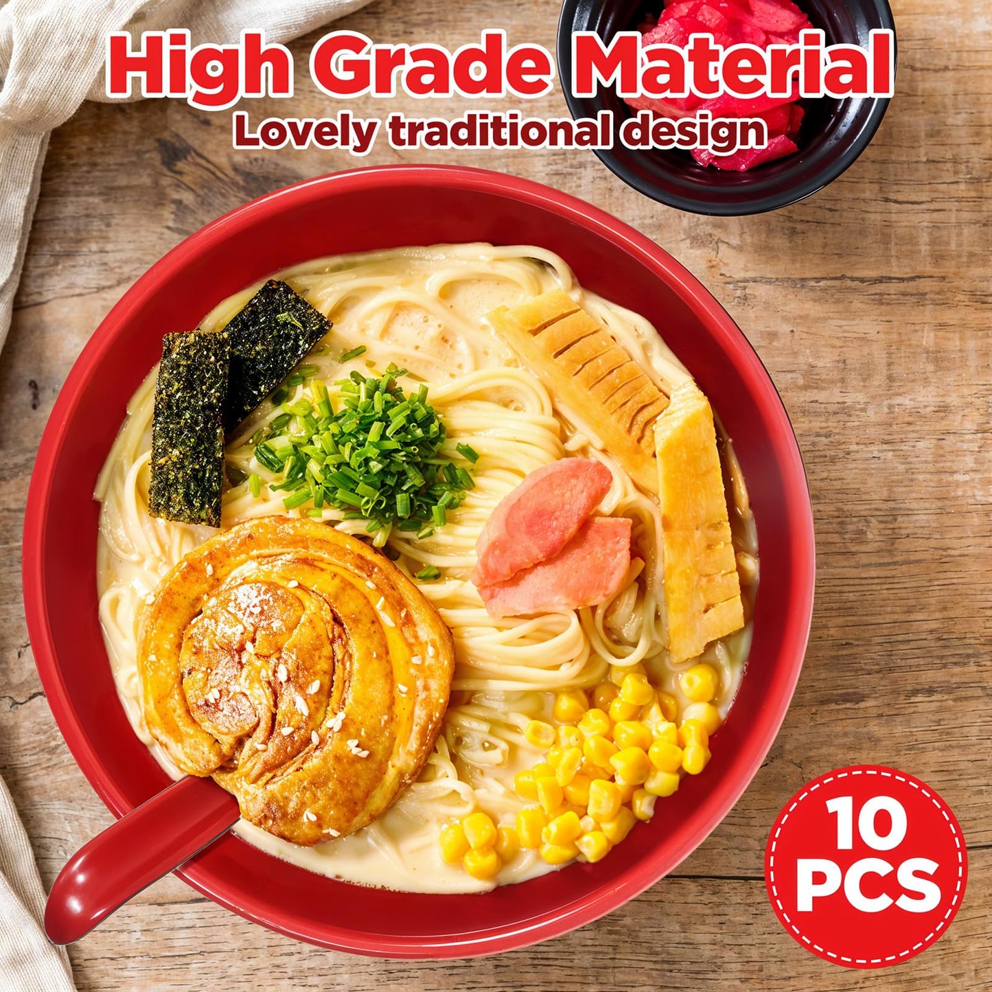 Nodaaiie 10 Pack Miso Soup Bowl Set with Spoons, 16 Oz Unbreakable Melamine Japanese Ramen Bowls, BPA-Free, Dishwasher Safe, for Udon, Pho, Salad, and Cereal