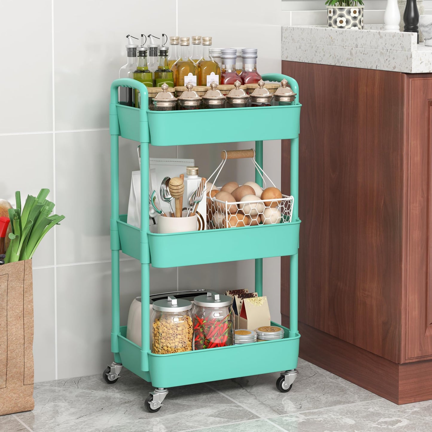 Sywhitta 3-Tier Plastic Rolling Utility Cart with Handle, Multi-Functional Storage Trolley for Office, Living Room, Kitchen, Movable Storage Organizer with Wheels, Green