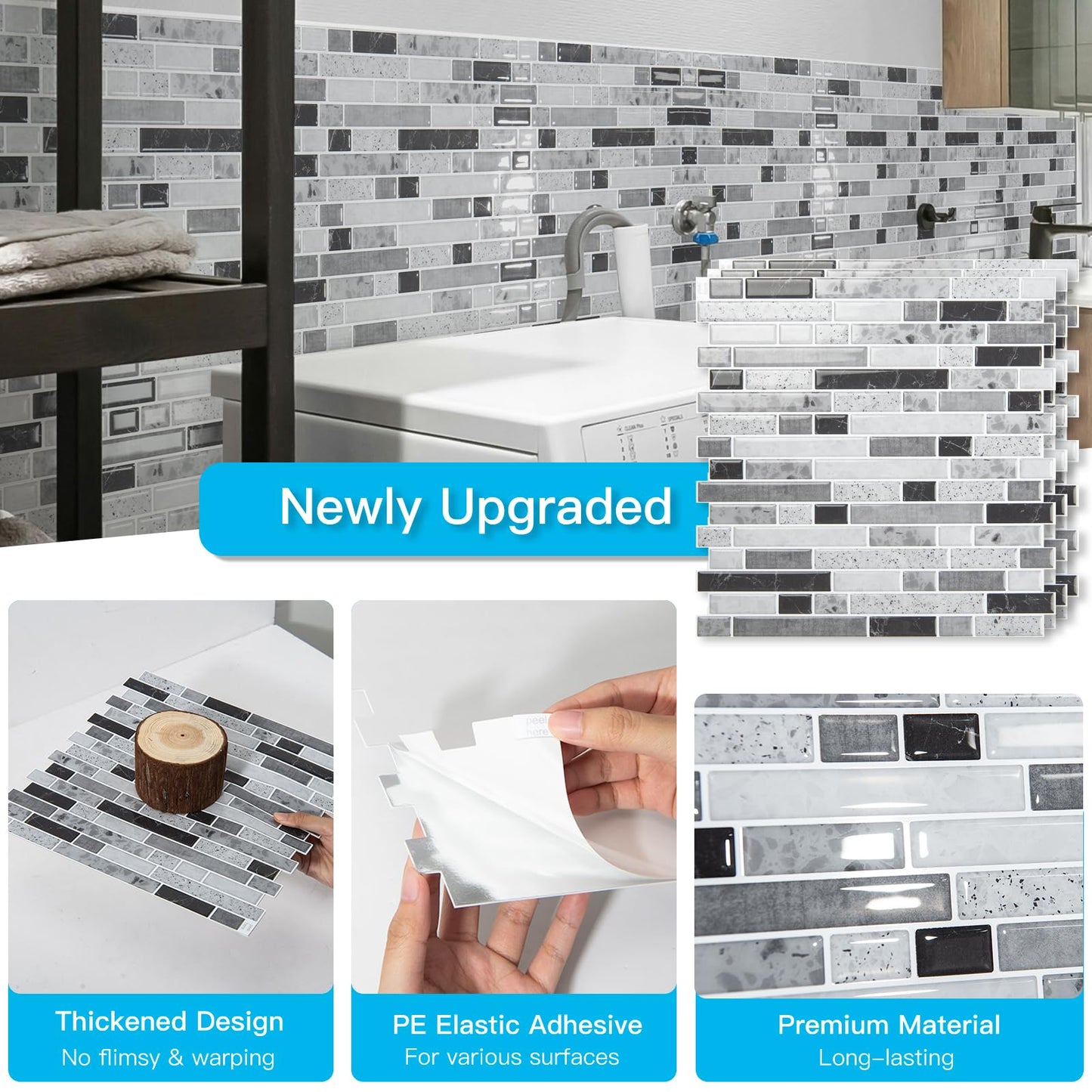 Art3d 10-Sheet Heavy-Duty Peel and Stick Backsplash, Waterproof Wall Tiles Stick on Kitchen Backsplash Living Space, Carrara Grey