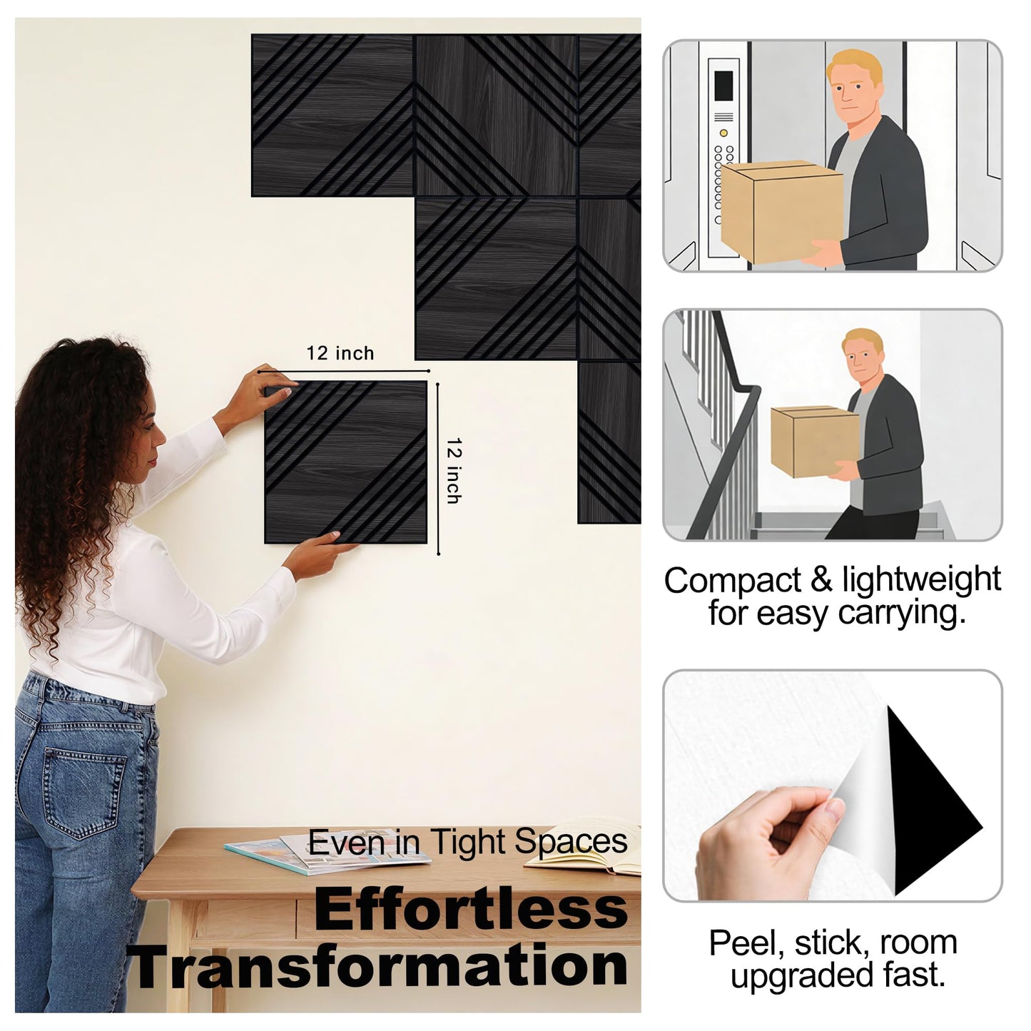 Mollywell Acoustic Panels, PVC Wood-Grain Decor, 12x12 Inch Carved Pattern Sound Absorbing Wall Tiles, Self-Adhesive for Home Office/Studio/Gaming Room Echo Reduction, 16 Pack Black Oak, Double Twill