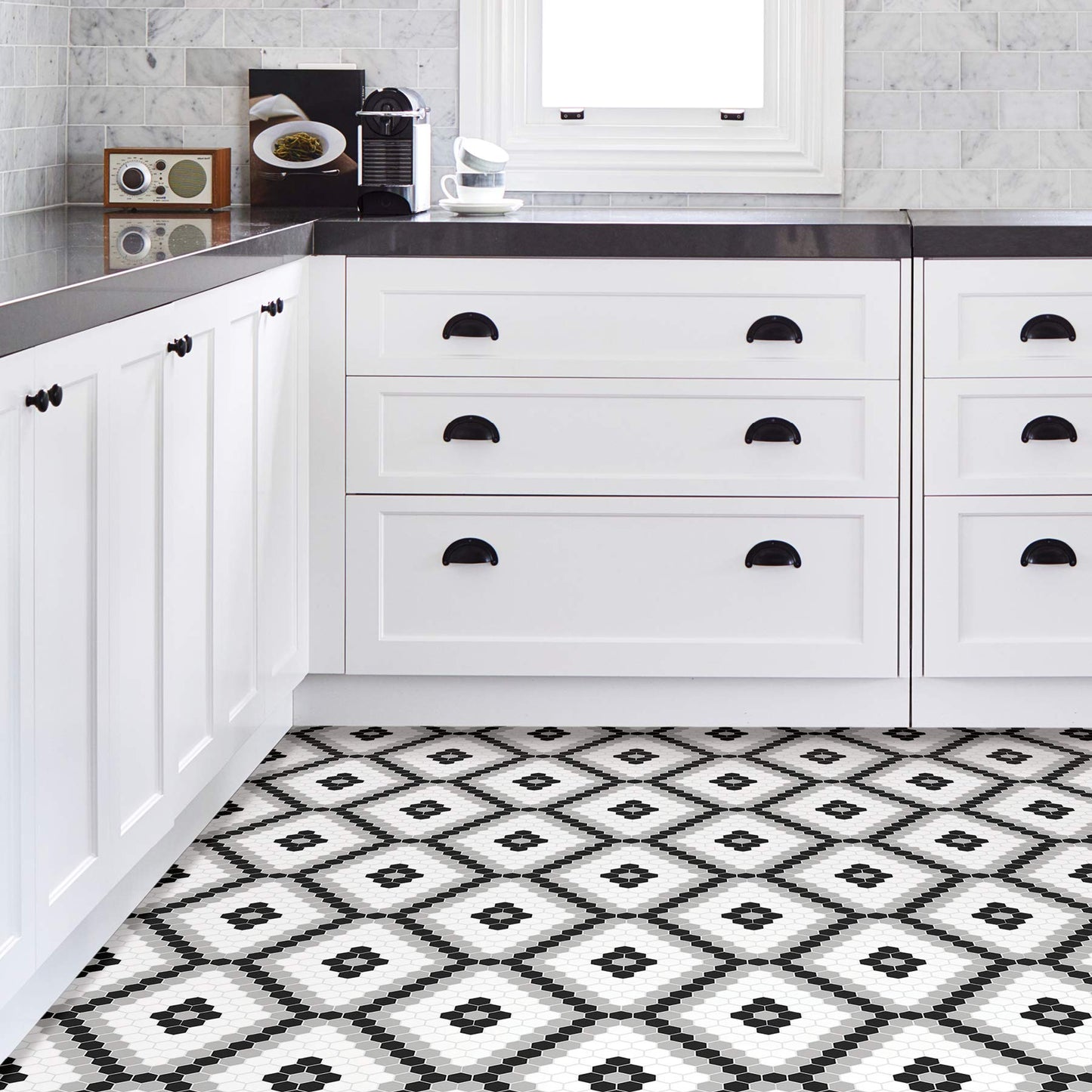 FloorPops Leyton Peel and Stick Floor Tiles, Black, Geometric Vinyl Floor Tiles, Water Resistant, 12 in x 12 in, Pack of 10