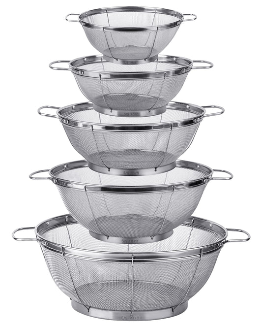 5 Pack 18/8 Stainless Steel Colander Sieves, Multi Size Mesh Strainer Net Baskets with Handles & Resting Base for Strain, Drain, Rinse or Steam