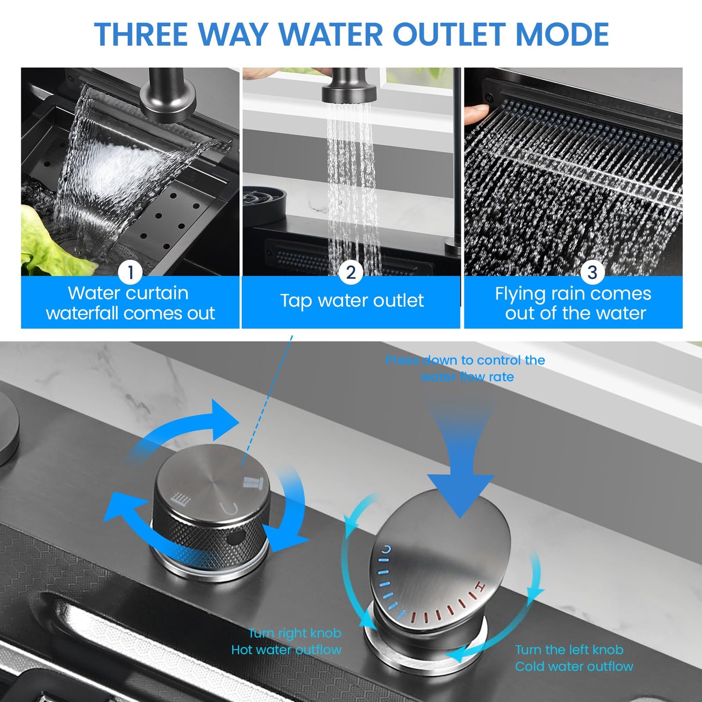 Kunoqi 33x22 Inch Kitchen Sink with Waterfall Faucet Combo, Nano PVD Black 16 Gauge Stainless Steel Workstation, Scratch Resistant Single Bowl Drop-In Sink, Multifunctional Handmade Design