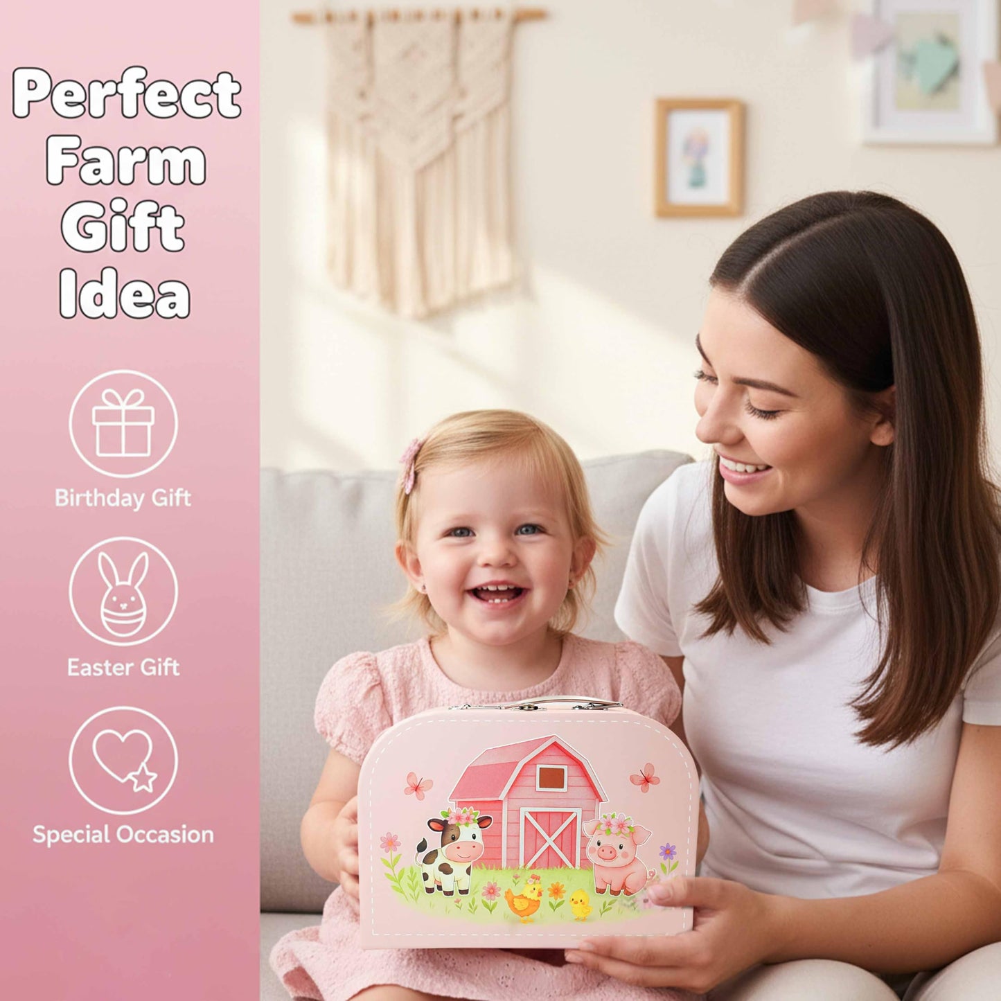 Lajeje Pink Barn Tea Party Set for Little Girls, 47PCS Farm Animal Pretend Play Tea Time Kit, Tea Sets for Toddlers 3-5 with Teapot & Story Cards, Carry Case Girls Birthday Gift, Easter Basket Stuffer