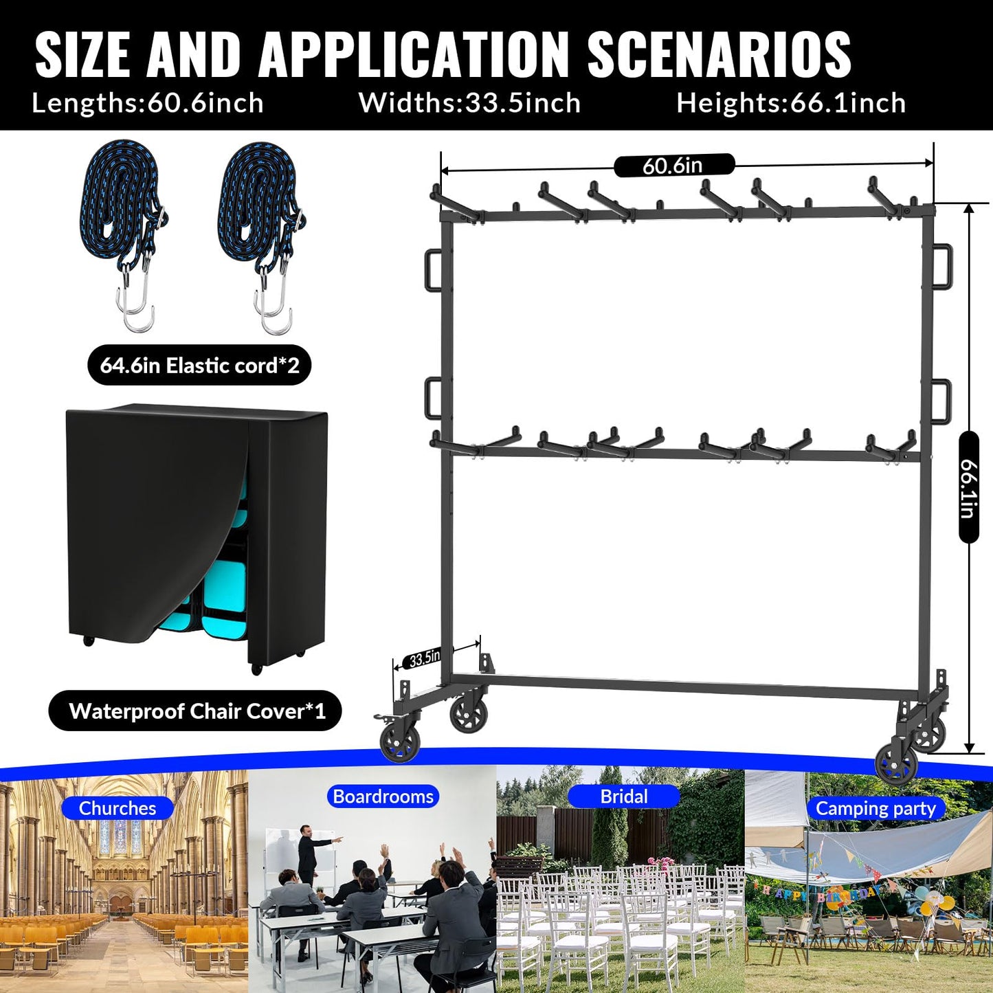 Folding Chair Cart, Holds 84 Folding Chairs or 24 Tables, Heavy-Duty Storage cart, 1000 lbs Weight Capacity, Includes Rain Cover and 360° Rubber Locking Wheels