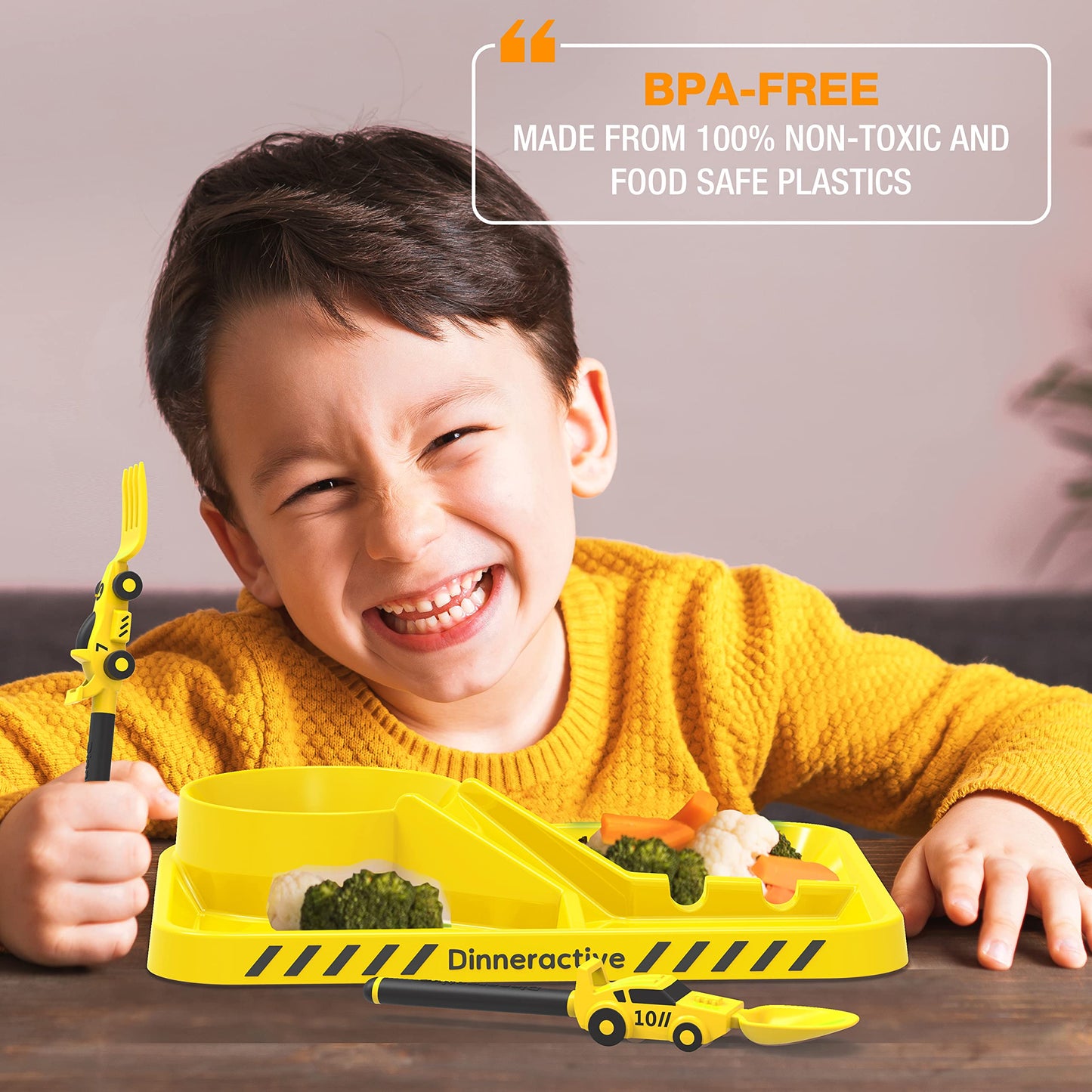 Dinneractive Utensil Set for Kids – Yellow Race Car Themed Fork and Spoon for Toddlers and Young Children – 2-Piece Set