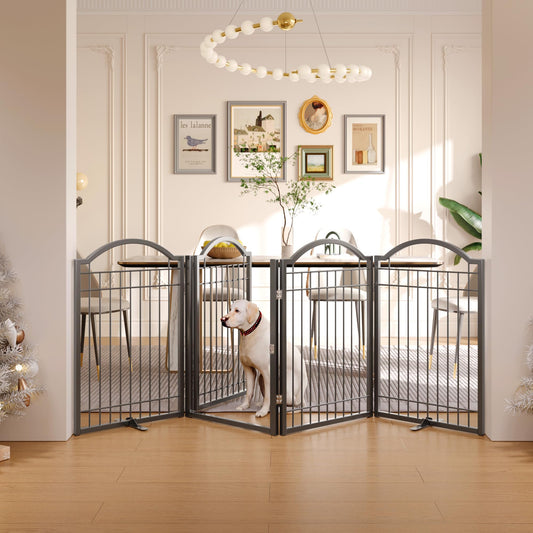 BHG Metal No-Assembly Freestanding Dog Gate with Door Walk Through, Extra Wide 96", Extra Tall 32" Pet Gate, Accordion Puppy Folding Playpen Dog Fence, with 2PCS Support (Black, 4 Panels)