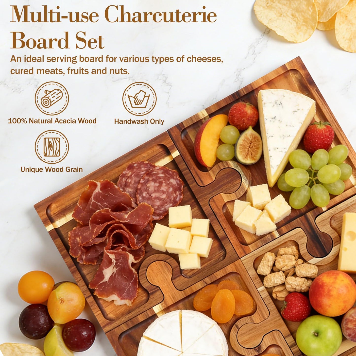 Wooden Charcuterie Boards Set of 4, Cheese Board Platter, Charcuterie Tray Serving Platter, Acacia Wood Serving Board Appetizer Tray with Mag Storage Holder, for Hosting Entertaining Party Birthday